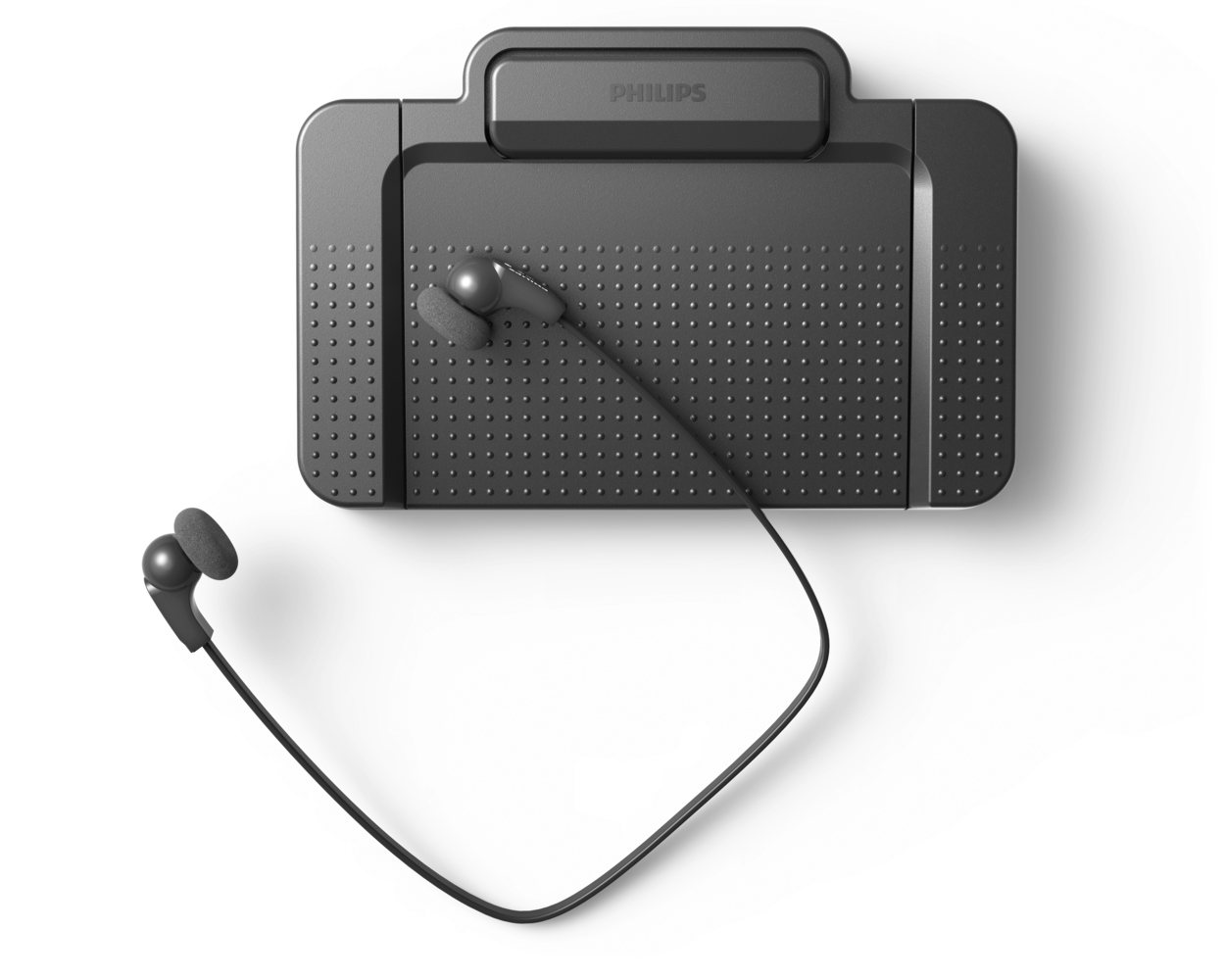 Schwarzes Philips-Audiogerät mit Ohrhörern. Das Gerät hat einen rechteckigen Körper mit einer Taste. Die Ohrhörer sind mit einem Kabel verbunden.