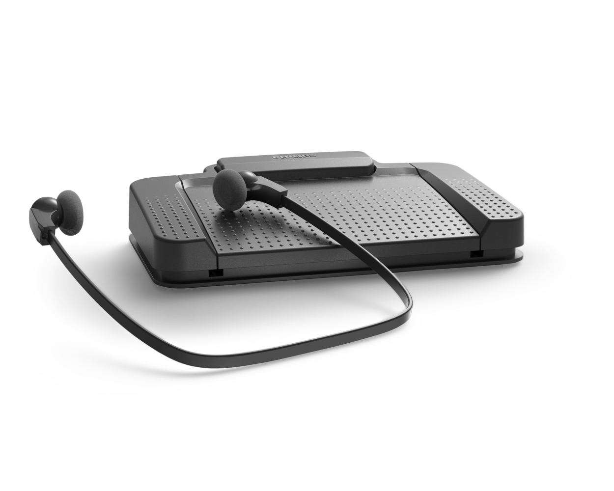 Ein schwarzes Audiogerät mit Kopfhörern. Das Gerät ist rechteckig mit kleinen Löchern. Die Kopfhörer sind durch ein schwarzes Kabel verbunden.