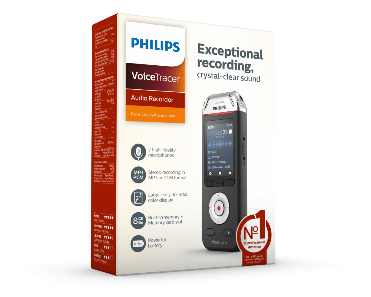 Rejestrator audio Philips VoiceTracer w pudełku. Czarne urządzenie z ekranem pokazującym szczegóły nagrywania. Tekst na pudełku opisuje funkcje.