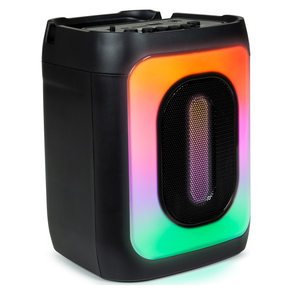 Un haut-parleur noir et rectangulaire avec un panneau lumineux changeant de couleur. Le panneau affiche des dégradés d'orange, de rose, de violet et de vert.