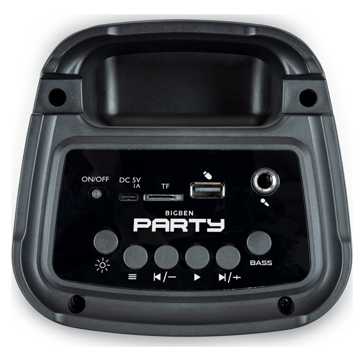 Haut-parleur noir Bigben Party. Il a des boutons, des ports et une poignée. Le texte comprend ON/OFF, DC 5V, TF et BASS. Port USB visible.