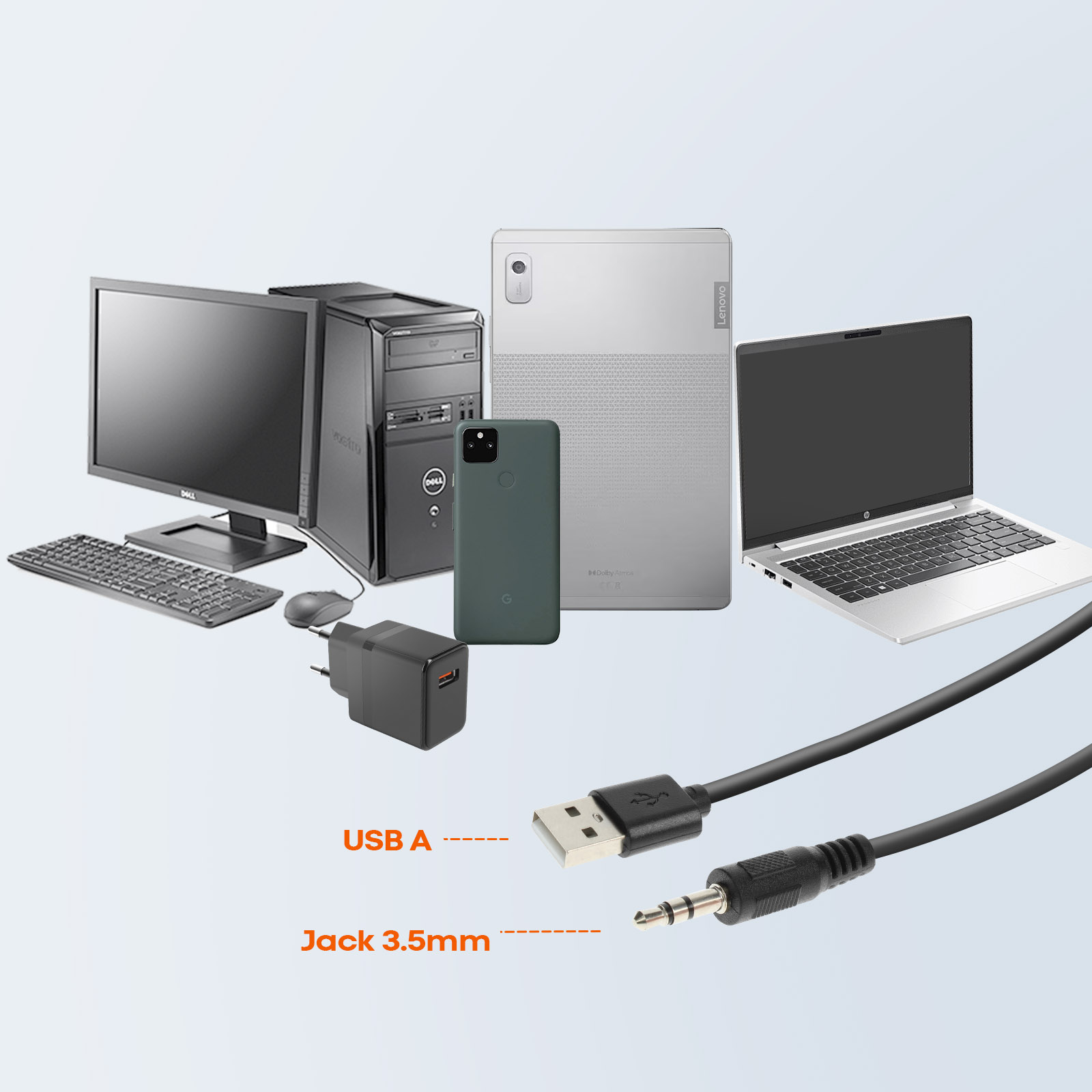 Das Bild zeigt einen Desktop-Computer, einen Laptop, ein Tablet, ein Telefon, ein Ladegerät und Kabel. USB-A- und 3,5-mm-Klinkenanschlüsse sind hervorgehoben.