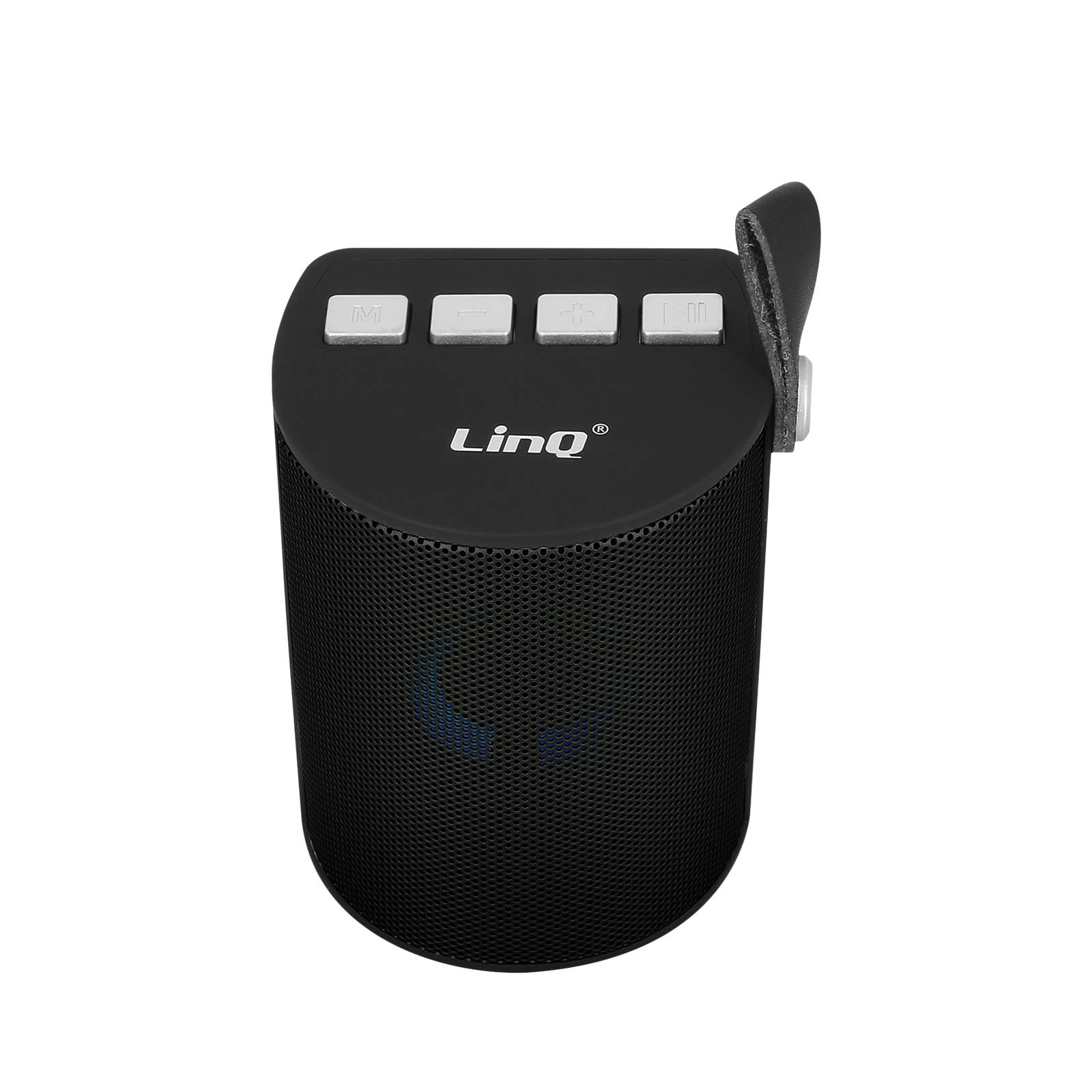 Altavoz cilíndrico negro con botones. Tiene una correa de cuero. La marca 'LinQ' está en la parte superior.