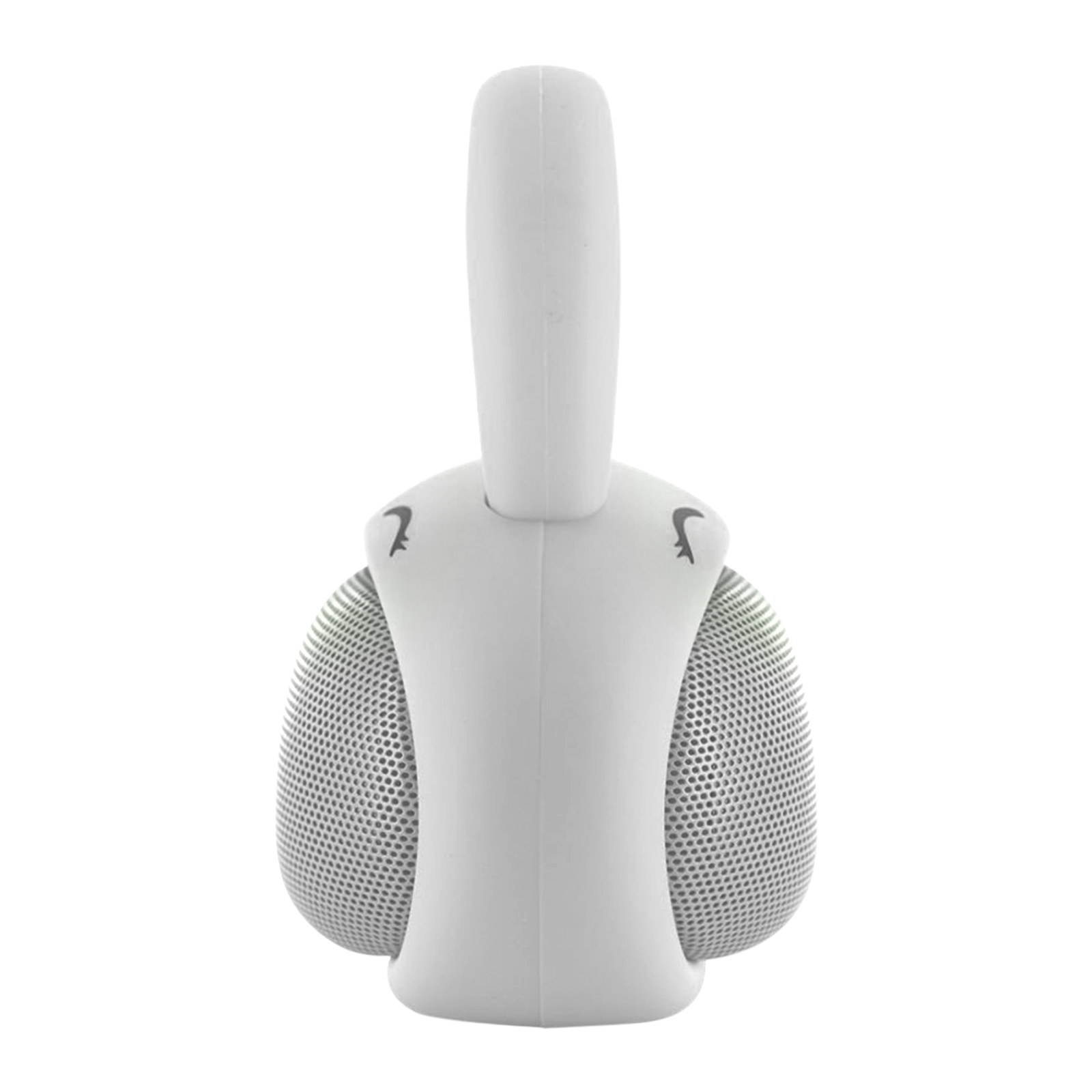 Weiße Kopfhörer mit Griff auf weißem Hintergrund. Die Ohrmuscheln sind aus Mesh und der Griff ist ein massives Stück.