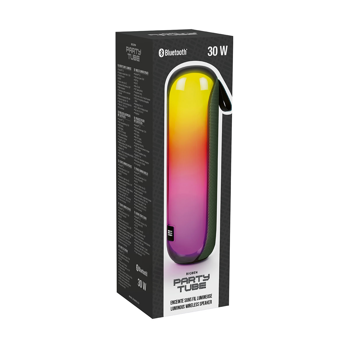Une enceinte Party Tube lumineuse dans une boîte. Elle a une couleur dégradée du jaune au violet. La boîte contient des détails sur le produit et la marque.
