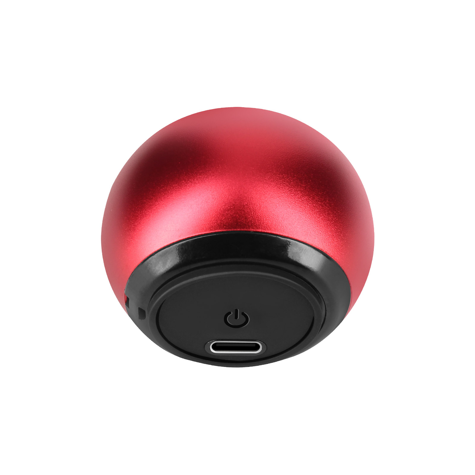 Un dispositivo rosso sferico con base nera. La base ha un pulsante di accensione e una porta USB-C.