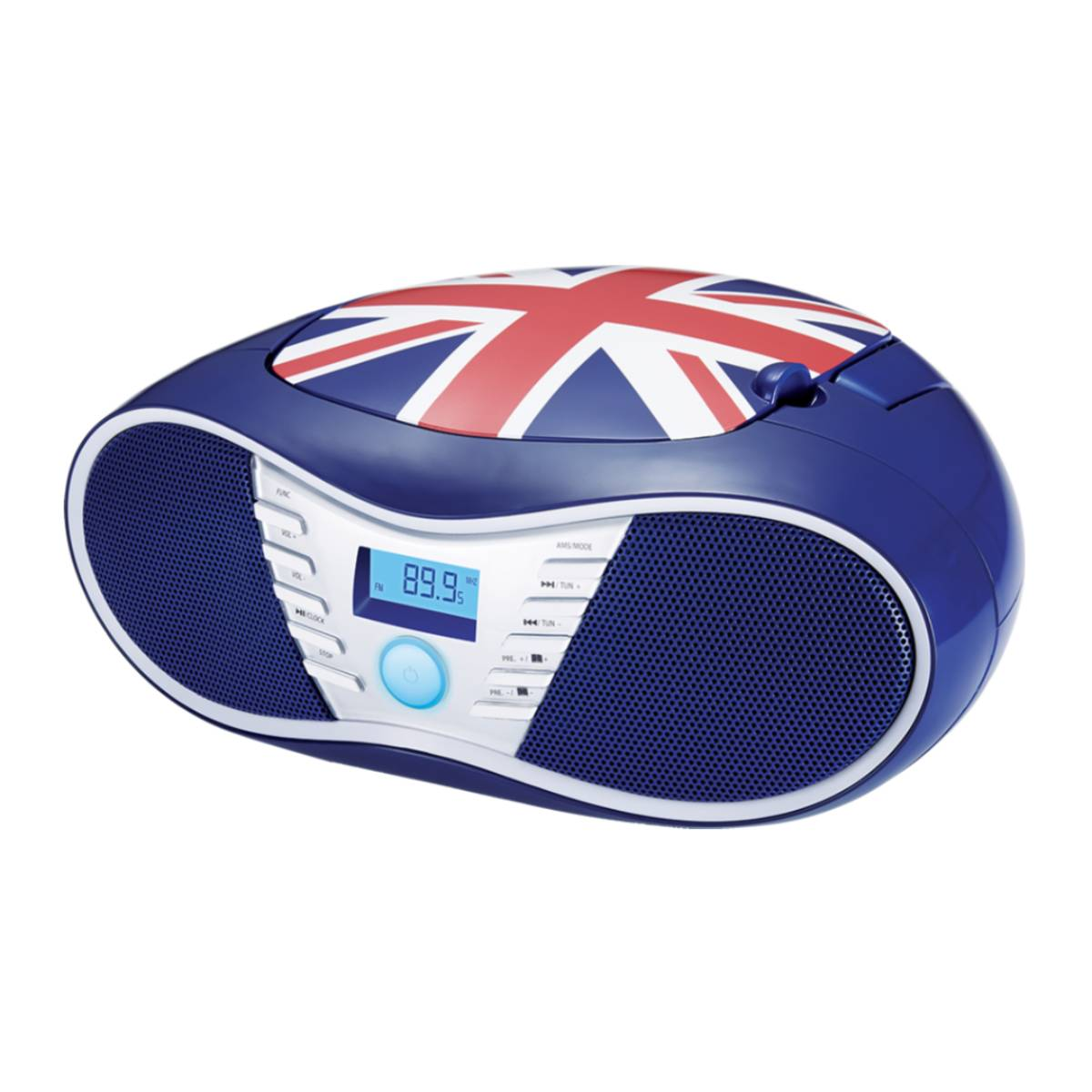 Un boombox blu e bianco con un design Union Jack sulla parte superiore. Il display della radio mostra 89,9. L'altoparlante è visibile sul davanti.