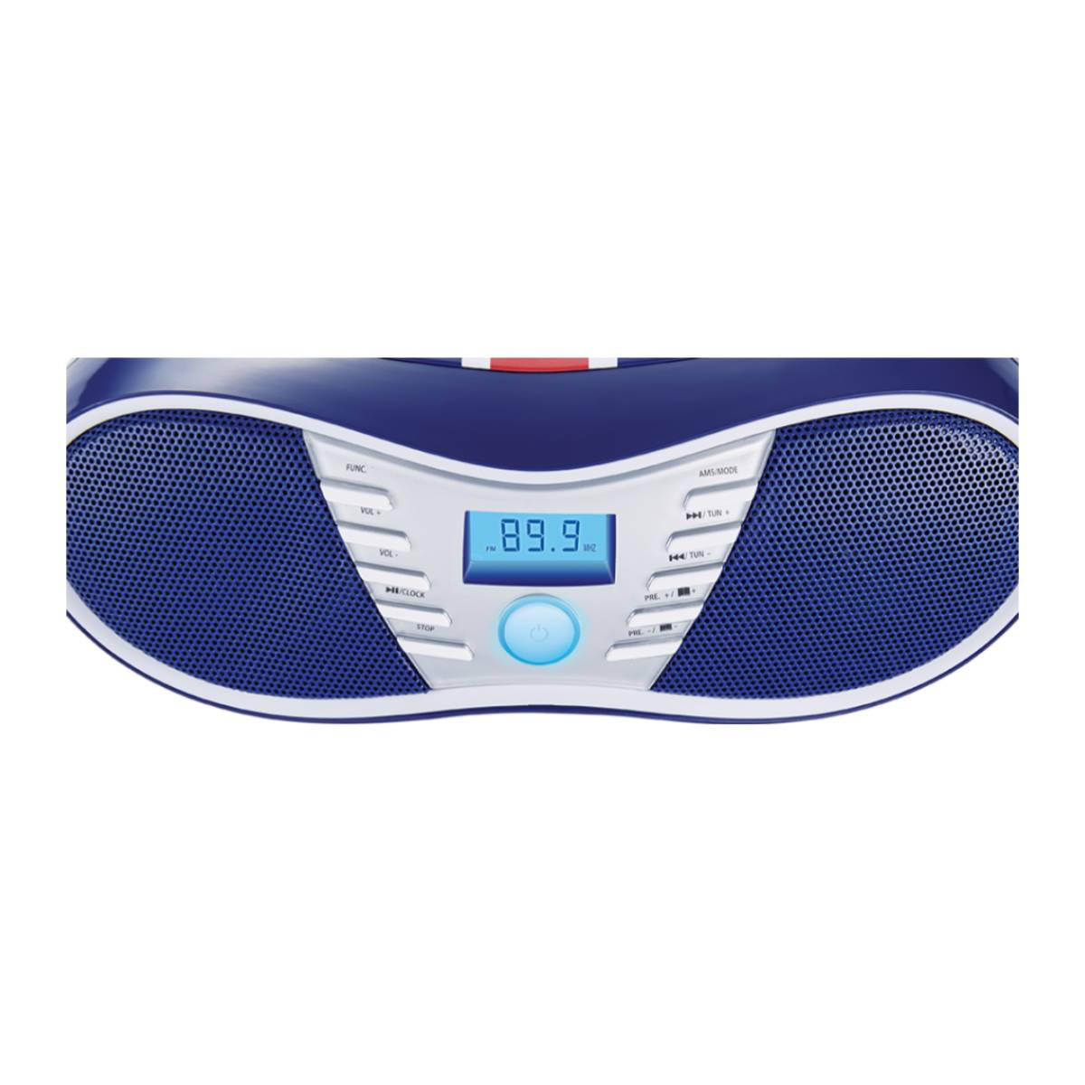 Una radio blu e bianca mostra 89,9 sul display. Ha griglie per altoparlanti e pulsanti di controllo. La radio è su sfondo bianco.