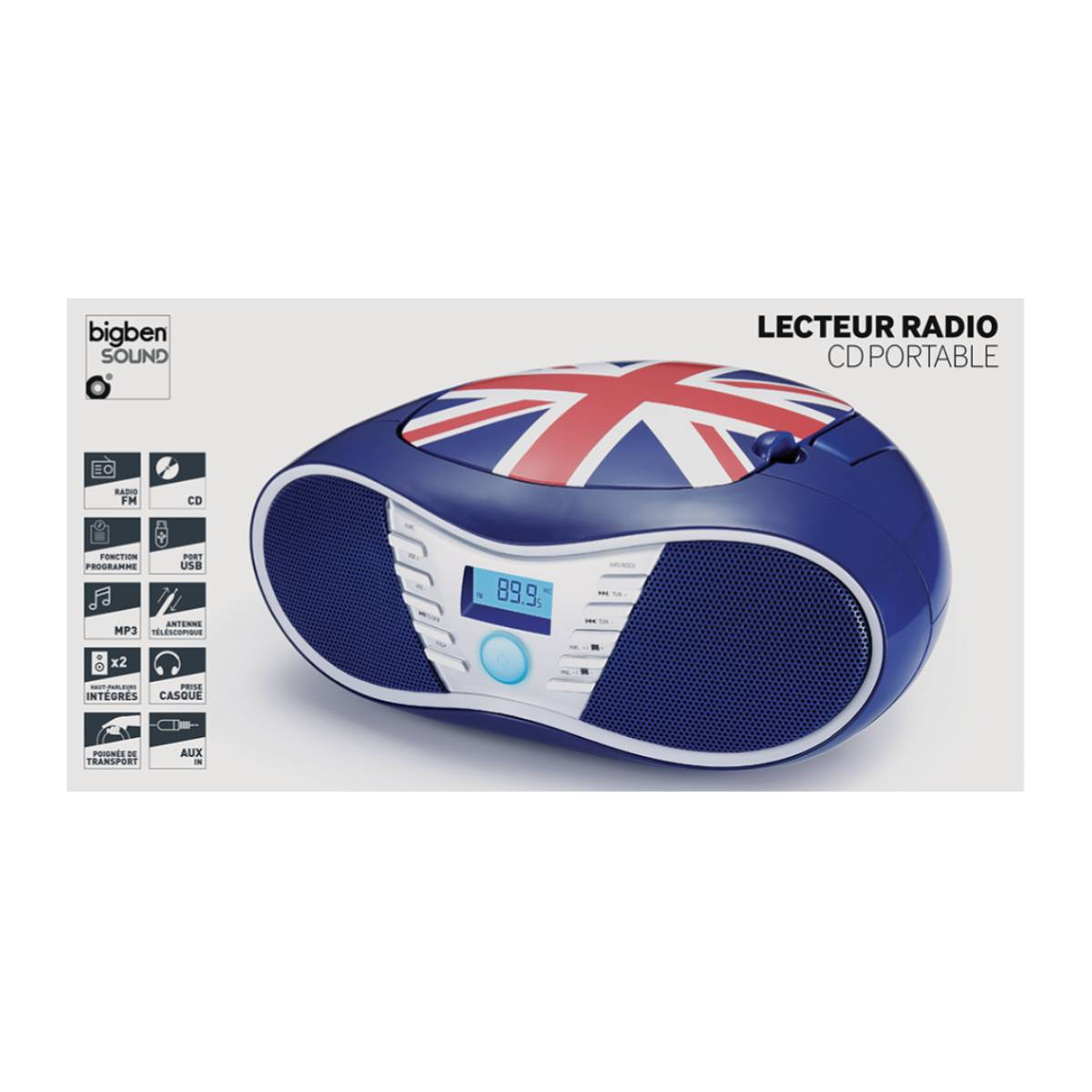 Una radio CD portatile blu e bianca con un design Union Jack sulla parte superiore. La radio visualizza 89,9 sul suo schermo.