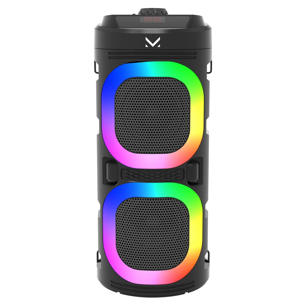 Haut-parleur cylindrique noir avec deux grilles en maille encadrées de lumières arc-en-ciel. Affichage numérique en haut.