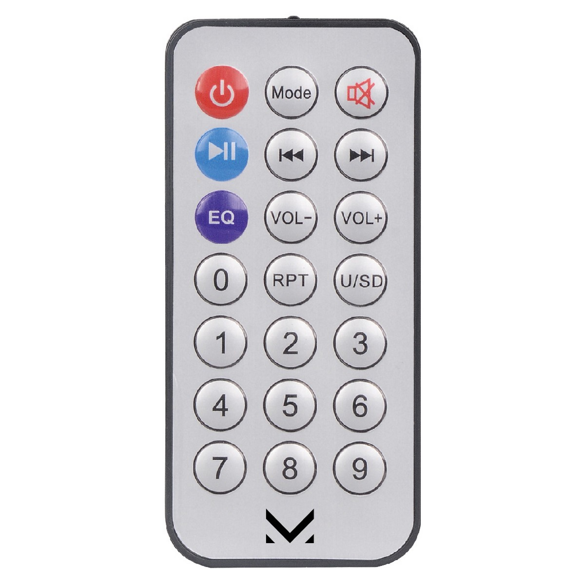 Une télécommande argentée avec plusieurs boutons. Inclut marche/arrêt, lecture, EQ, contrôle du volume et boutons numériques.