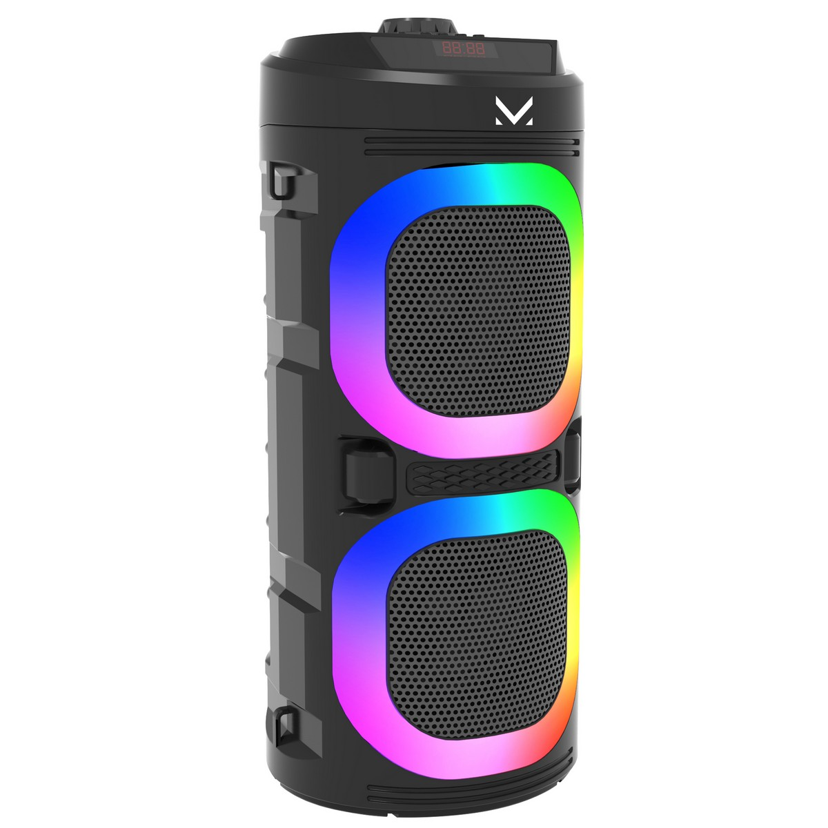 Haut-parleur noir avec des lumières LED arc-en-ciel autour des grilles. Possède un affichage numérique et un logo.