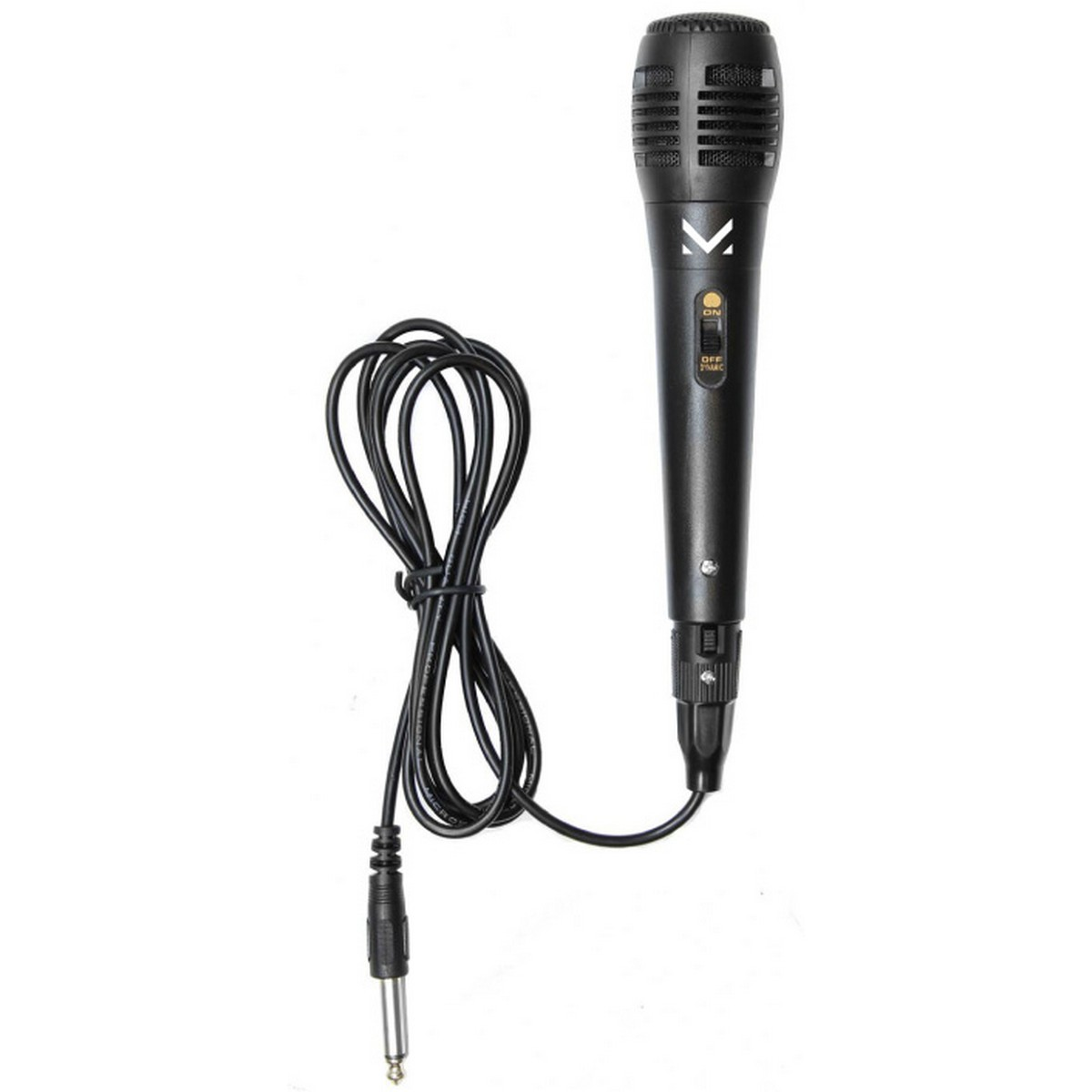 Un microphone noir avec un câble noir et une prise argentée sur fond blanc. Le microphone a un interrupteur marche/arrêt.