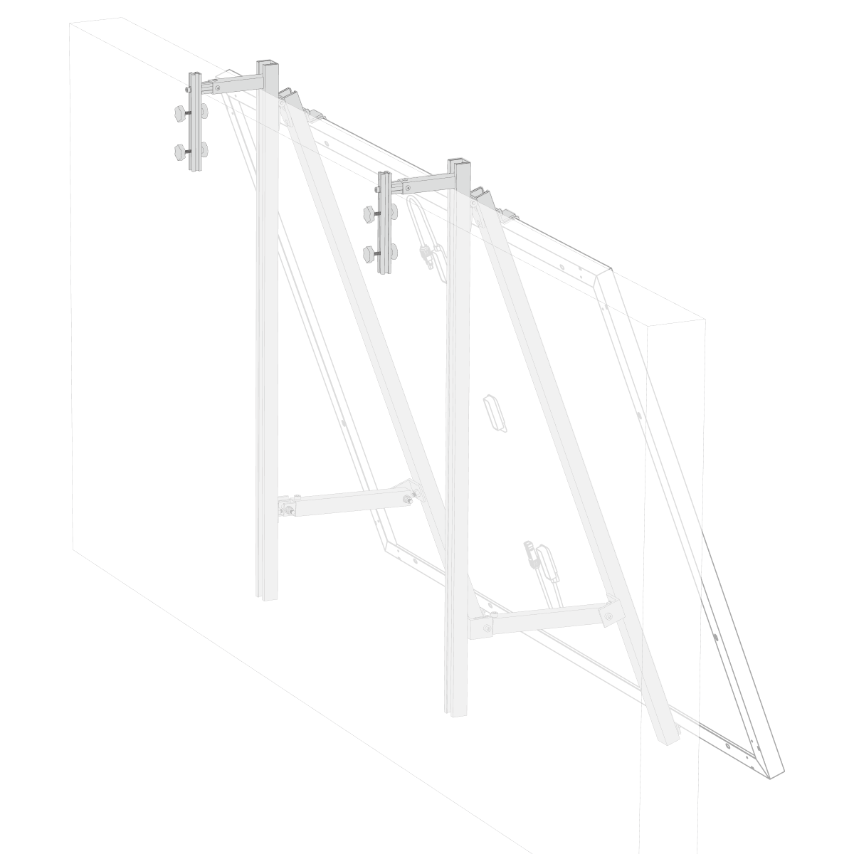 Eine architektonische Darstellung einer Glasplattenstruktur mit tragendem Metallrahmen, der an einer weißen Wand befestigt ist. Bolzen sind sichtbar.