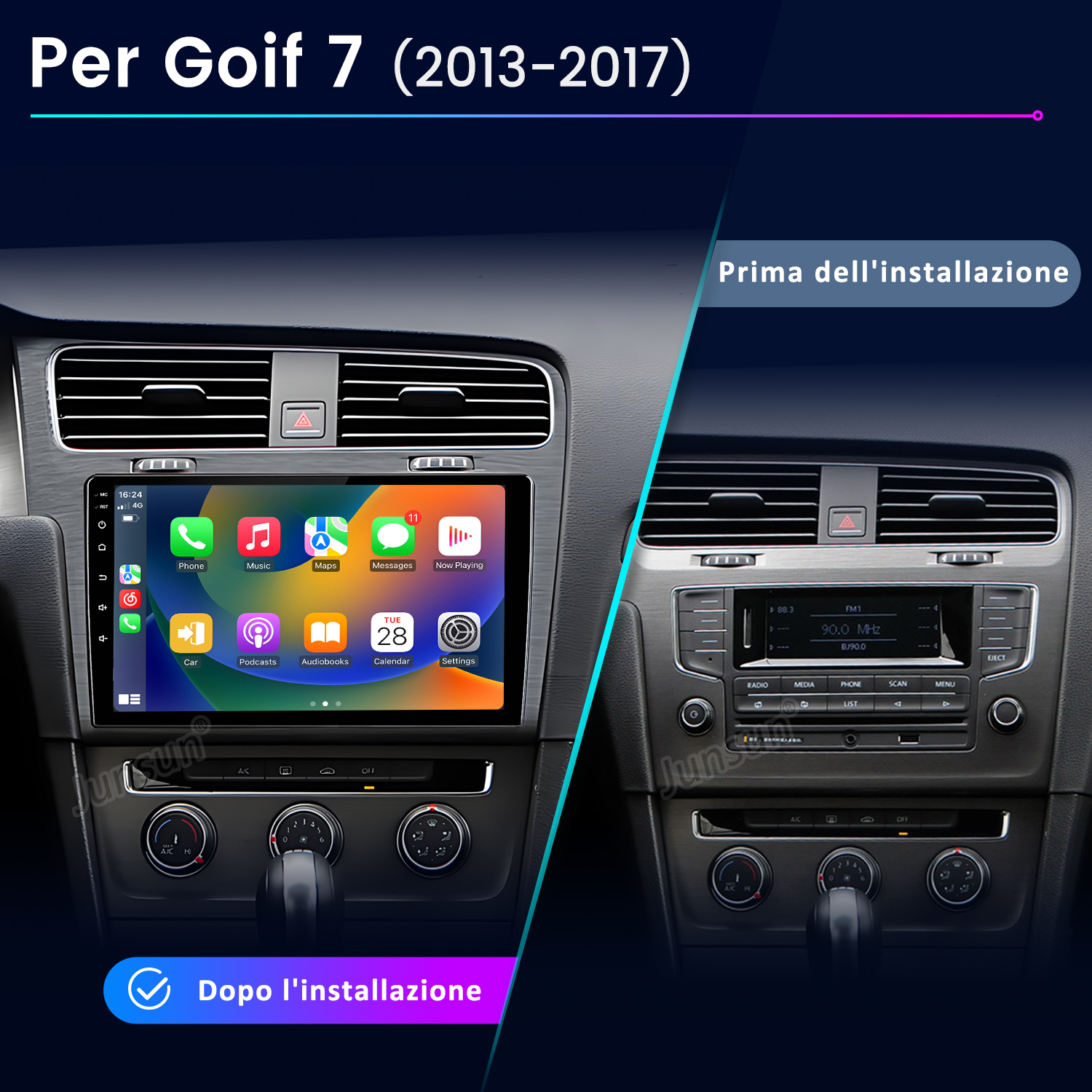 Confronto del cruscotto di un'auto prima e dopo l'installazione di un nuovo sistema di infotainment. Il nuovo sistema visualizza le icone delle app.