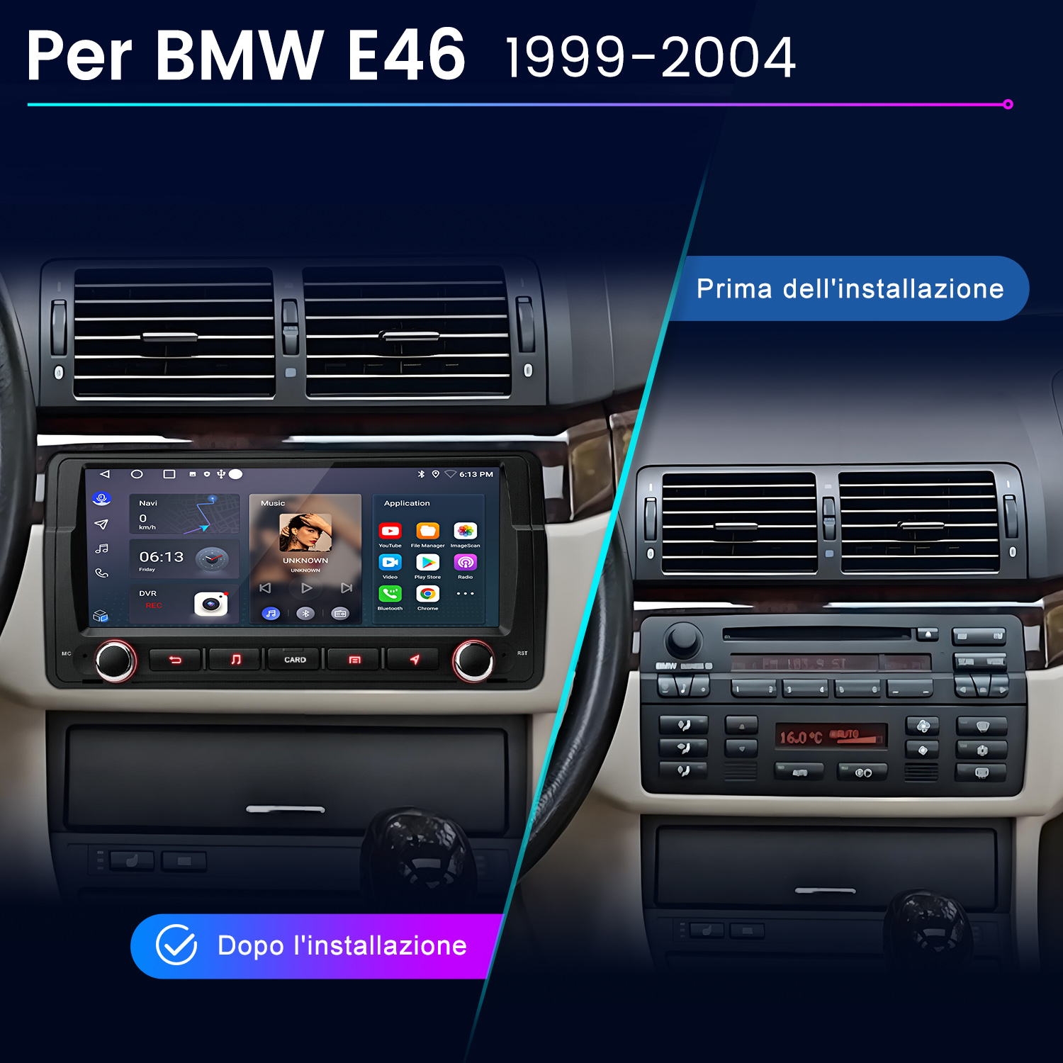 Interni auto BMW E46 che mostrano prima e dopo l'installazione di un nuovo sistema multimediale. Il lato sinistro mostra il nuovo sistema.