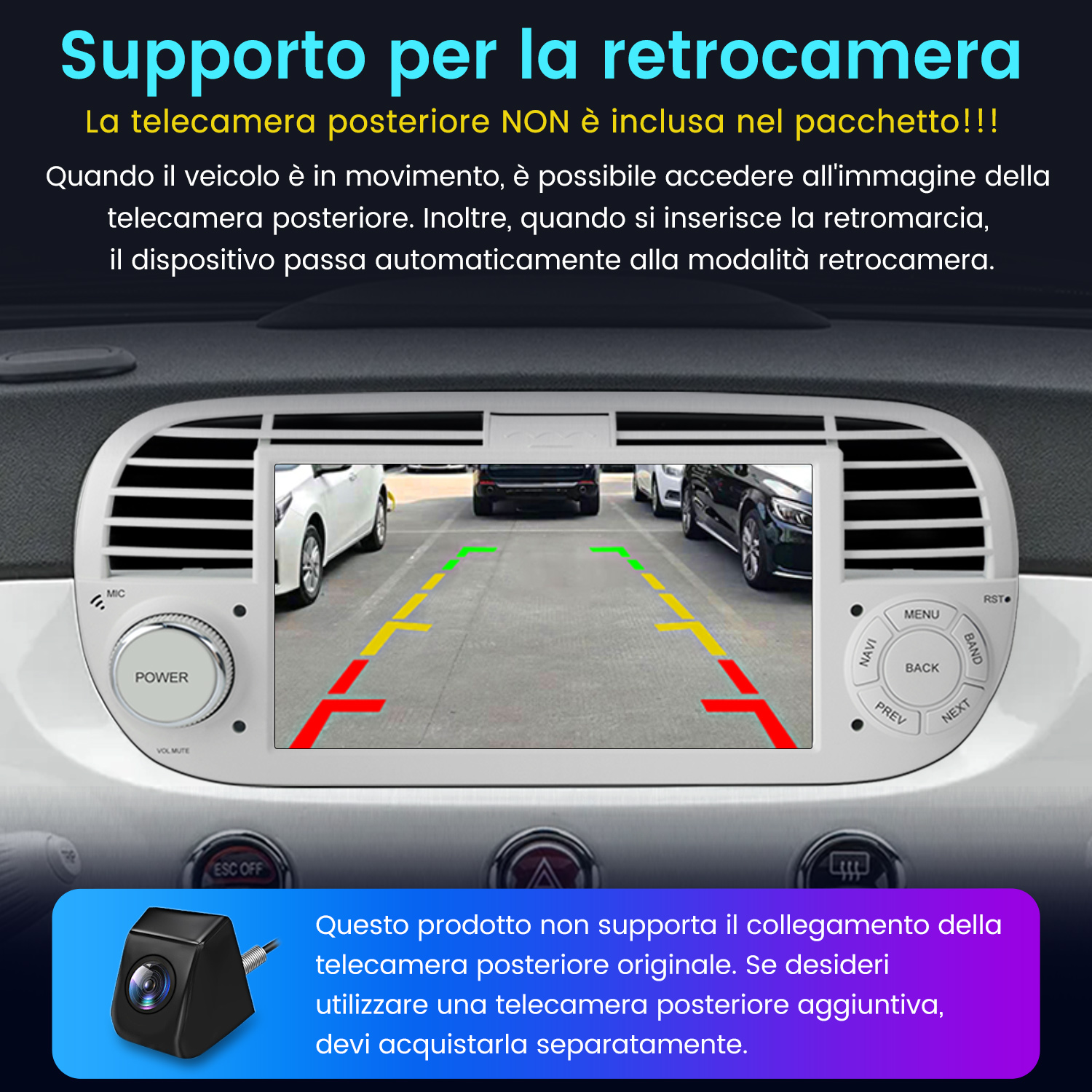 Cruscotto auto con display telecamera posteriore, linee parcheggio e testo. Piccola telecamera in basso.