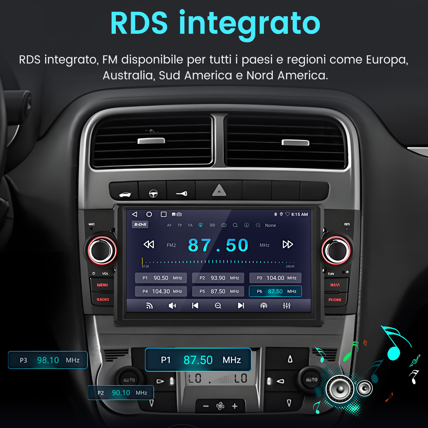 Autoradio con RDS, visualizza la frequenza radio FM 87,50 MHz. Sono visibili pulsanti e uno schermo. Il cruscotto è nero e grigio.