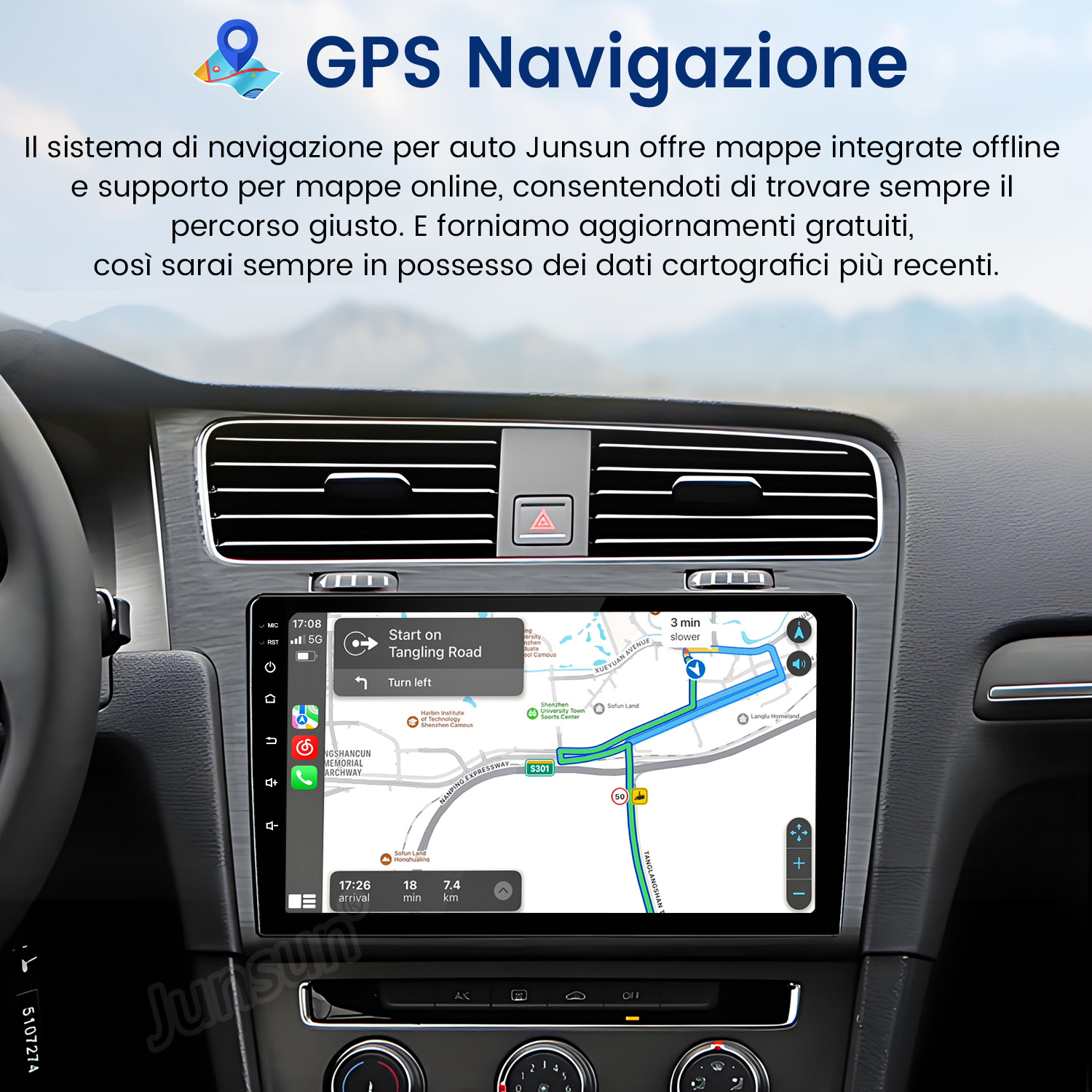 Cruscotto auto con navigazione GPS che mostra un percorso. Lo schermo mostra mappa, indicazioni e tempo di arrivo stimato.