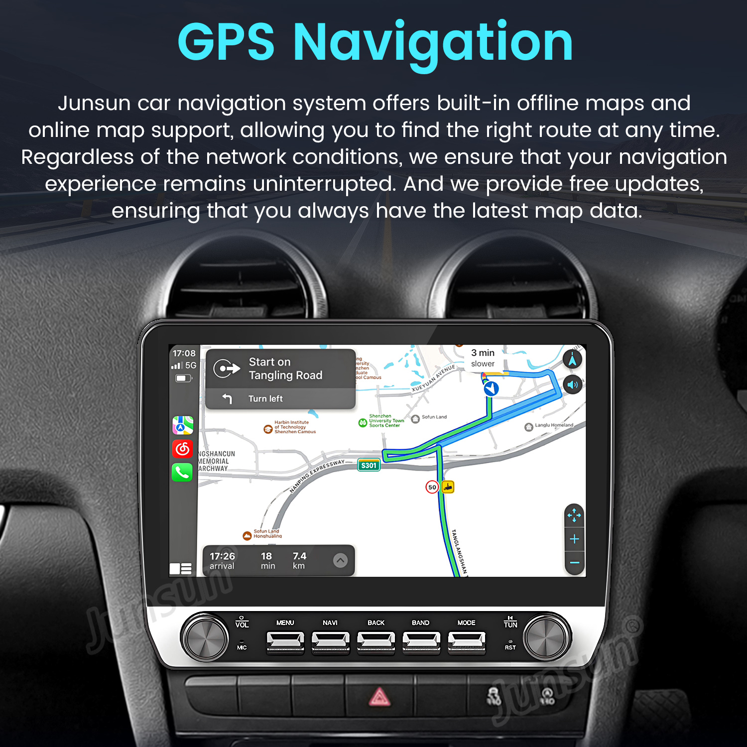 Cruscotto auto con navigazione GPS, mappa del percorso, ora e pulsanti.