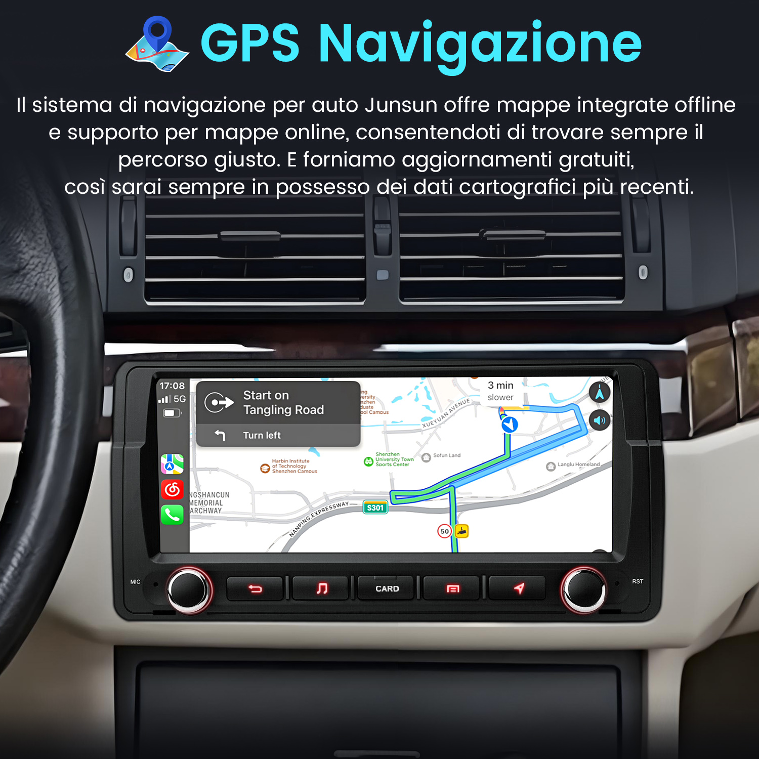Cruscotto auto con navigatore GPS che mostra Tangling Road. Lo schermo mostra mappa e indicazioni.