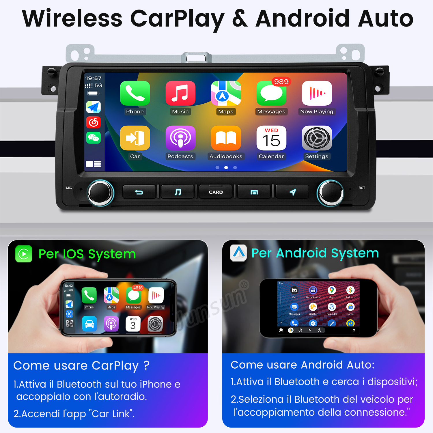 Uno schermo autoradio mostra le funzioni CarPlay e Android Auto. In basso vengono mostrate le istruzioni per i sistemi iOS e Android.