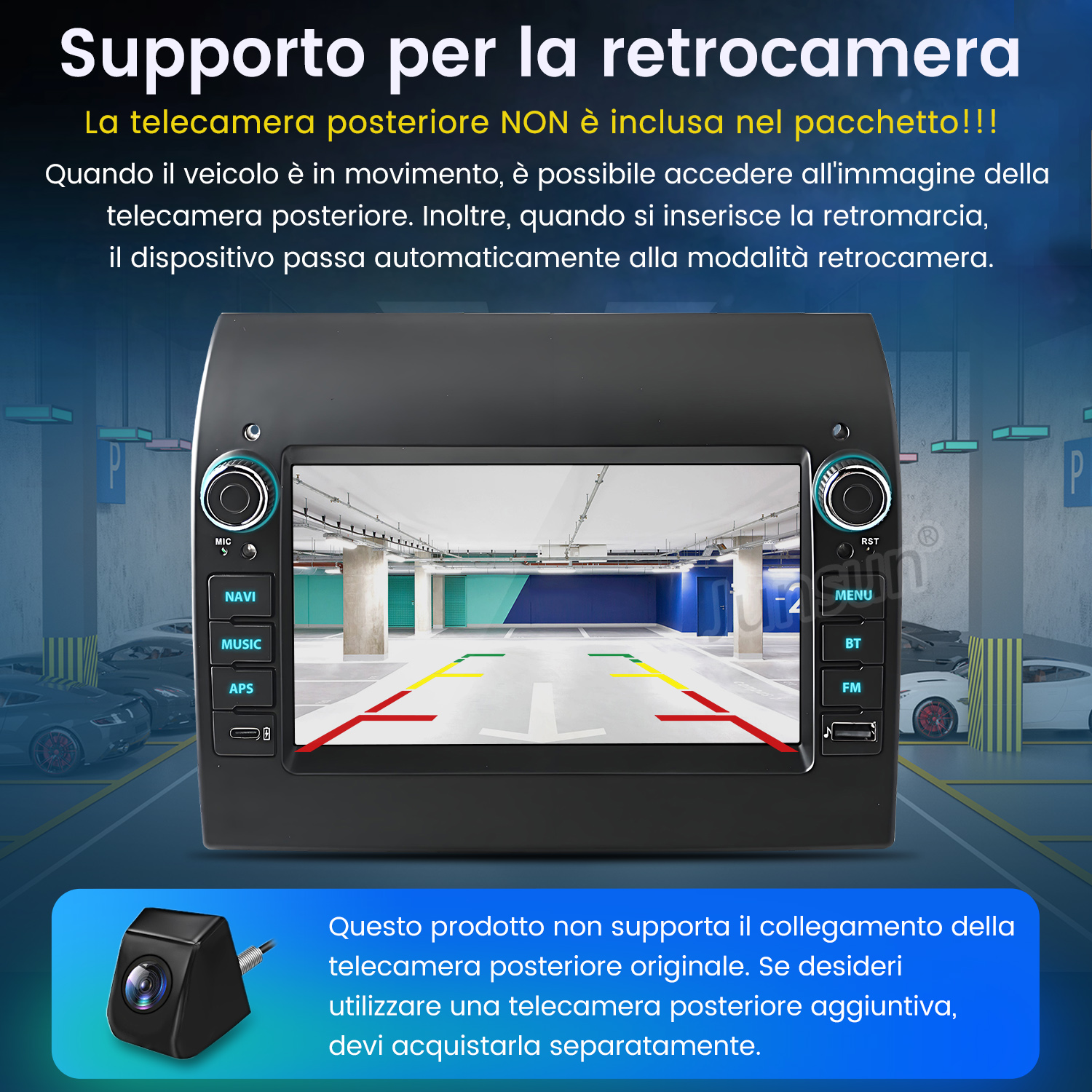 L'autoradio mostra la vista di un parcheggio. Testo: Supporto telecamera posteriore. Fotocamera non inclusa. Include pulsanti e una piccola fotocamera.