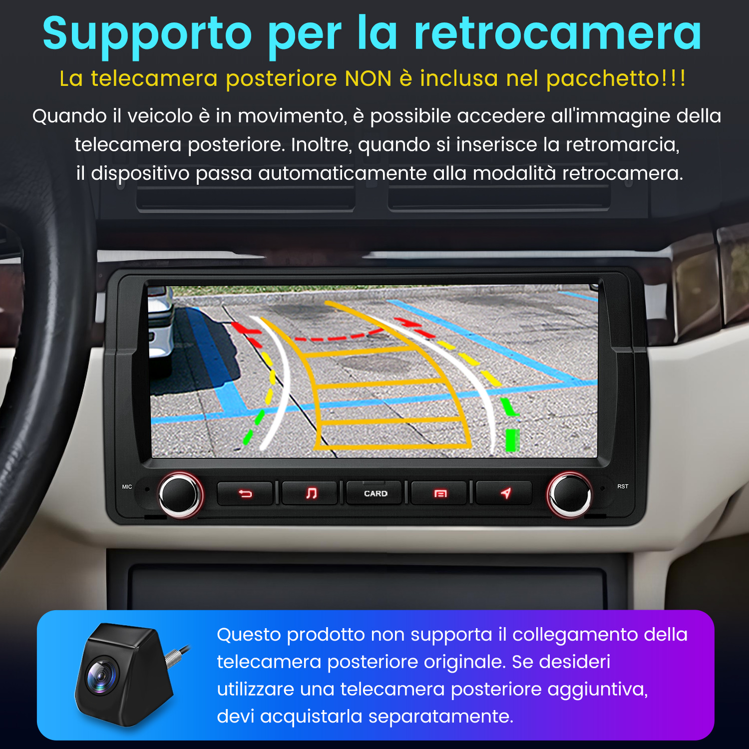 Cruscotto auto con schermo che mostra la vista della telecamera posteriore. Telecamera separata in basso a sinistra.