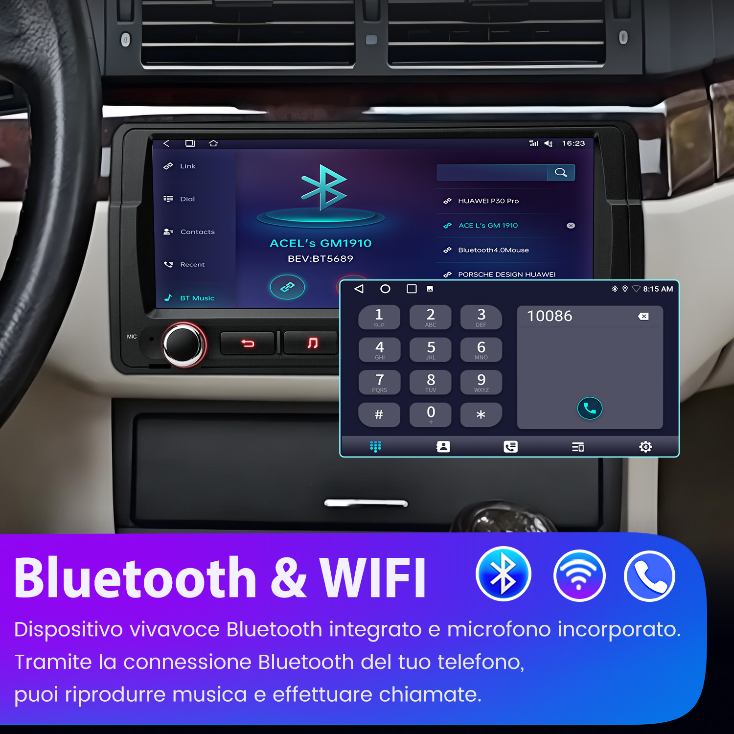 Cruscotto auto con interfaccia Bluetooth e WiFi. Un tastierino numerico è aperto, con il numero 10086 visualizzato.