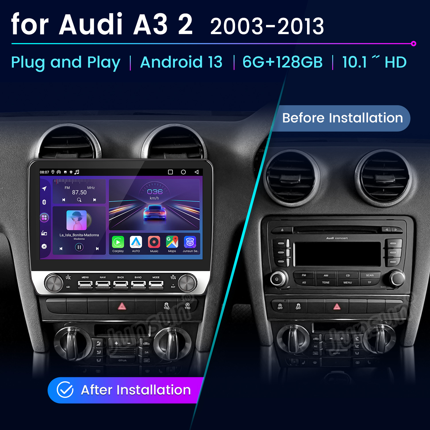 Cruscotto auto prima e dopo l'installazione. Il nuovo touchscreen sostituisce la vecchia radio. Mostra info auto e navigazione.
