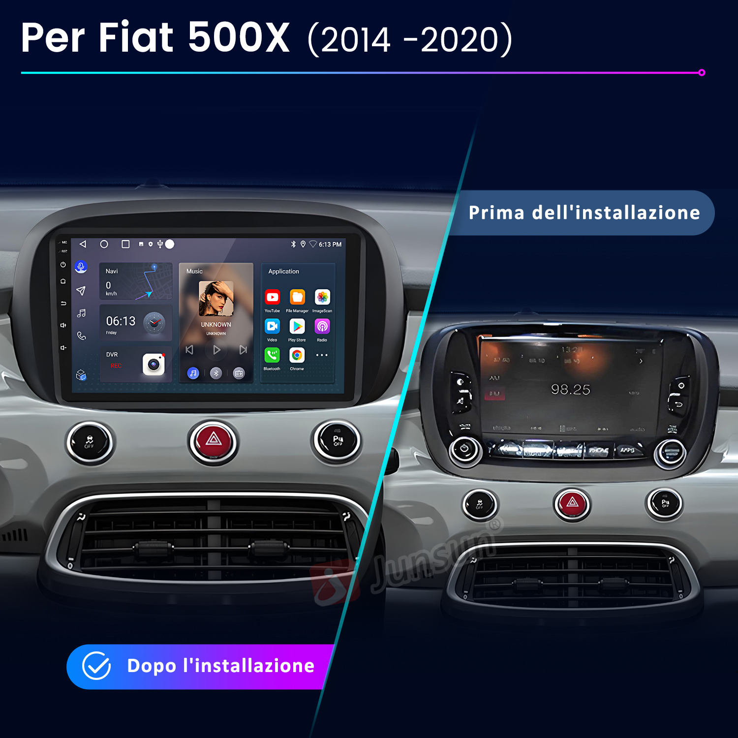 Confronto cruscotto Fiat 500X. A sinistra display moderno con app. A destra la versione precedente con comandi radio.