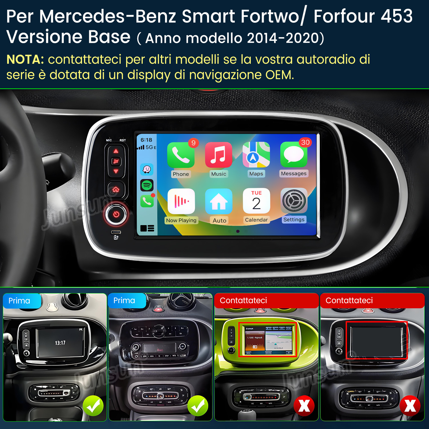 Cruscotto dell'auto con schermo che mostra app. Sotto, esempi di cruscotti, alcuni con segni di spunta, altri con X.