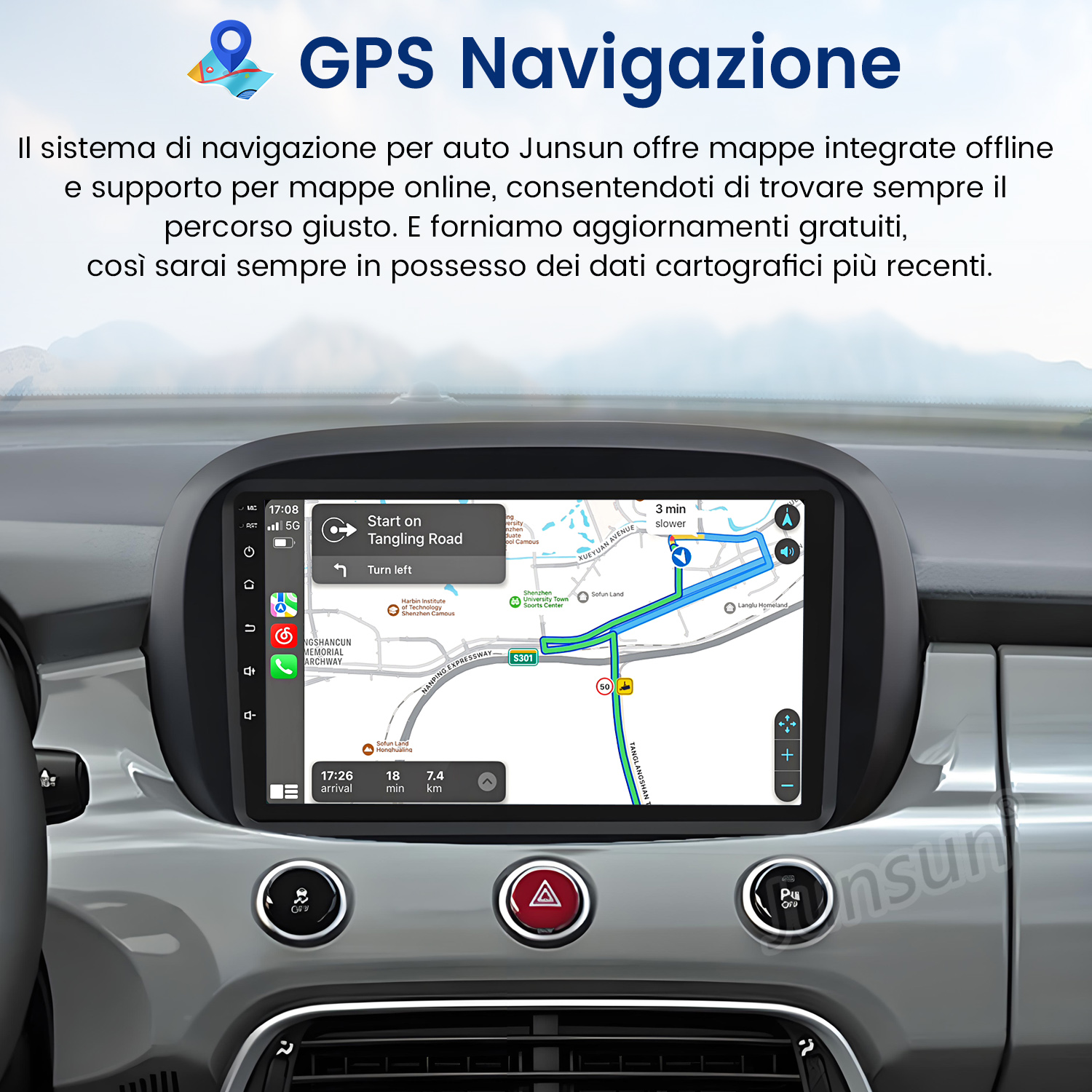 Cruscotto auto con schermo di navigazione GPS che mostra mappa e guida del percorso. Lo schermo mostra nomi di strade e un percorso.