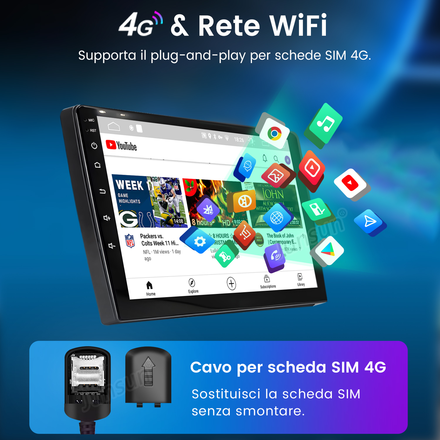 Schermo multimediale per auto che mostra YouTube e icone di app, con slot SIM e testo in italiano.