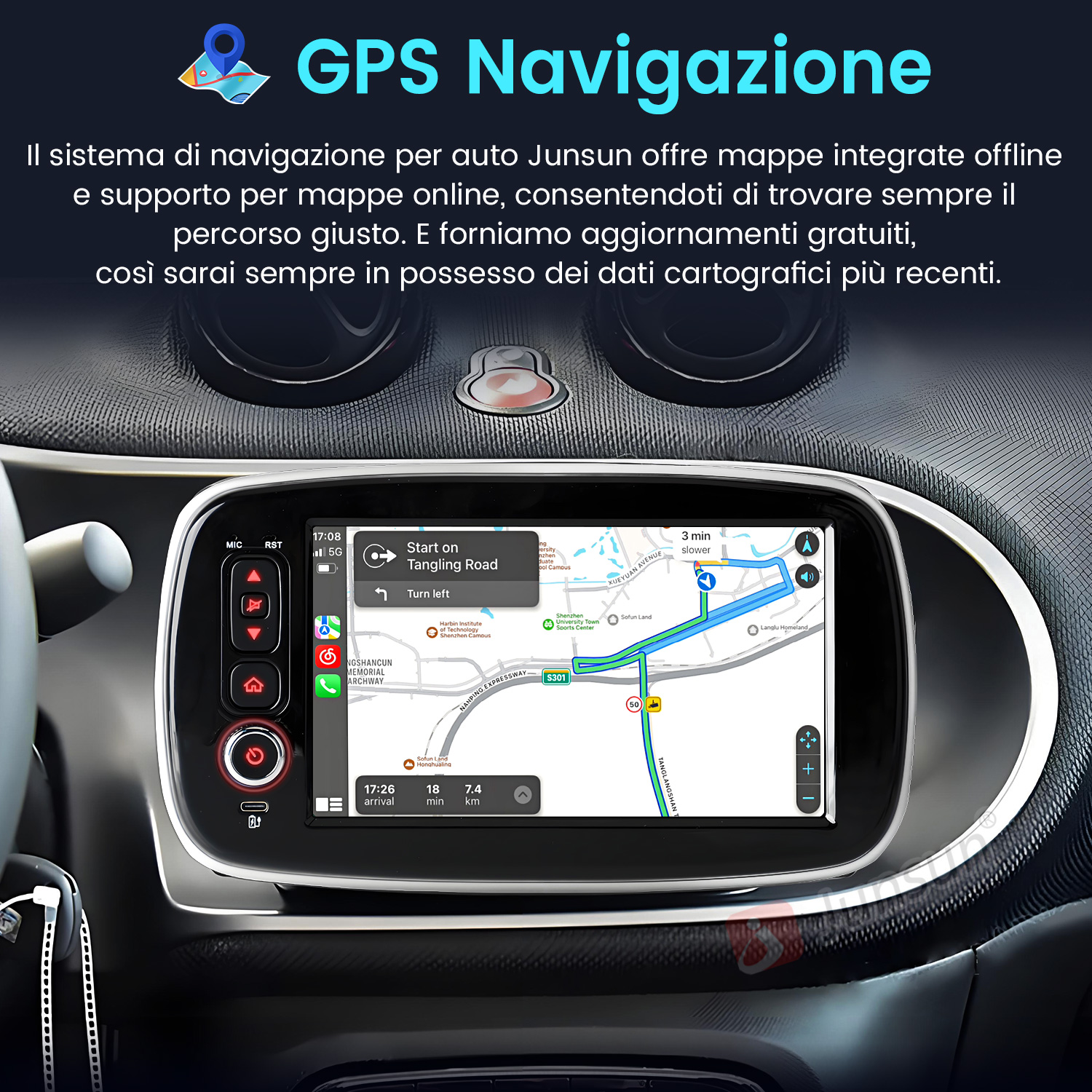 Schermo del sistema di navigazione dell'auto che mostra una mappa con guida del percorso. Lo schermo mostra le indicazioni stradali e l'orario di arrivo stimato.