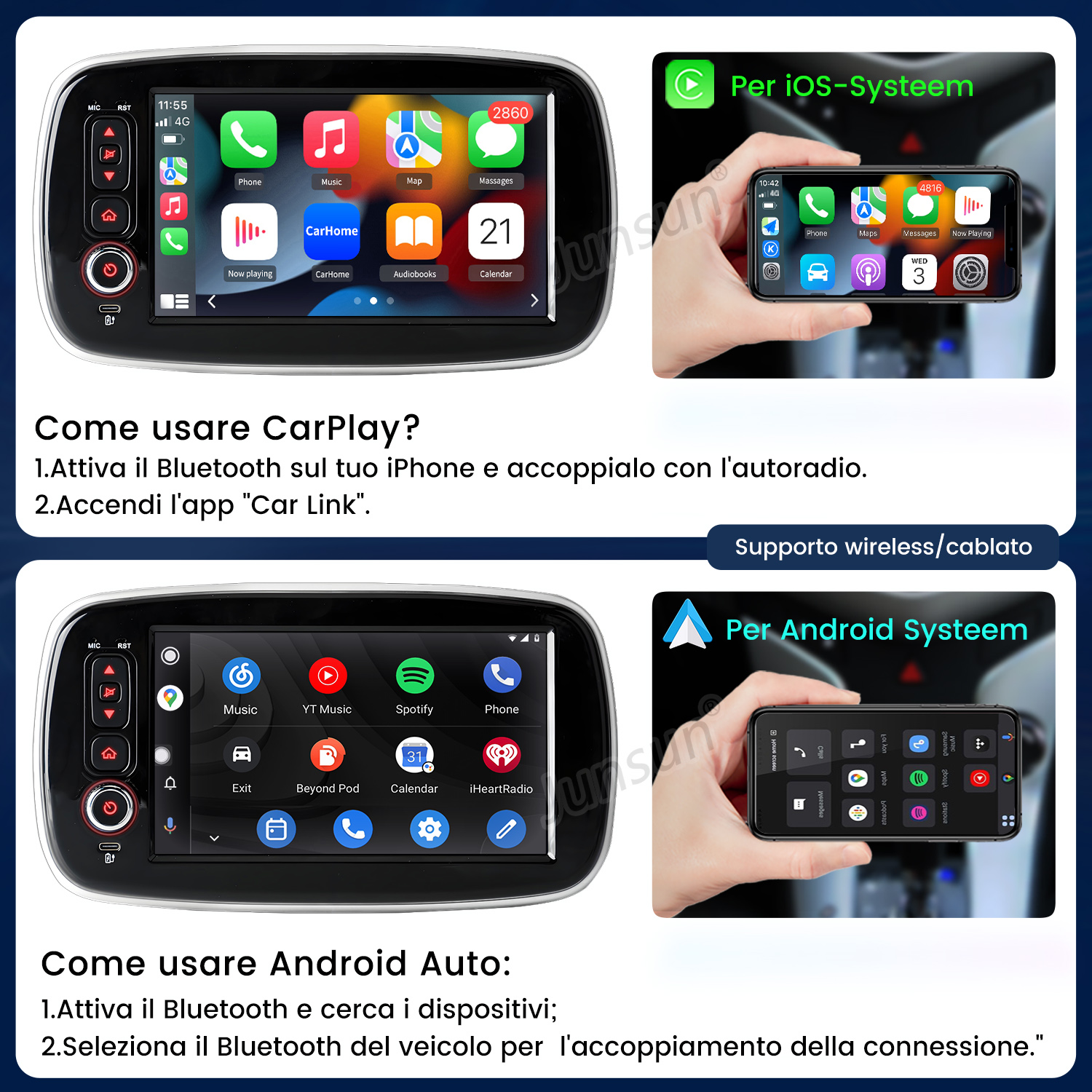 L'immagine mostra schermi di infotainment per auto con istruzioni iOS e Android Auto. Vengono visualizzate icone delle app e passaggi di connessione.