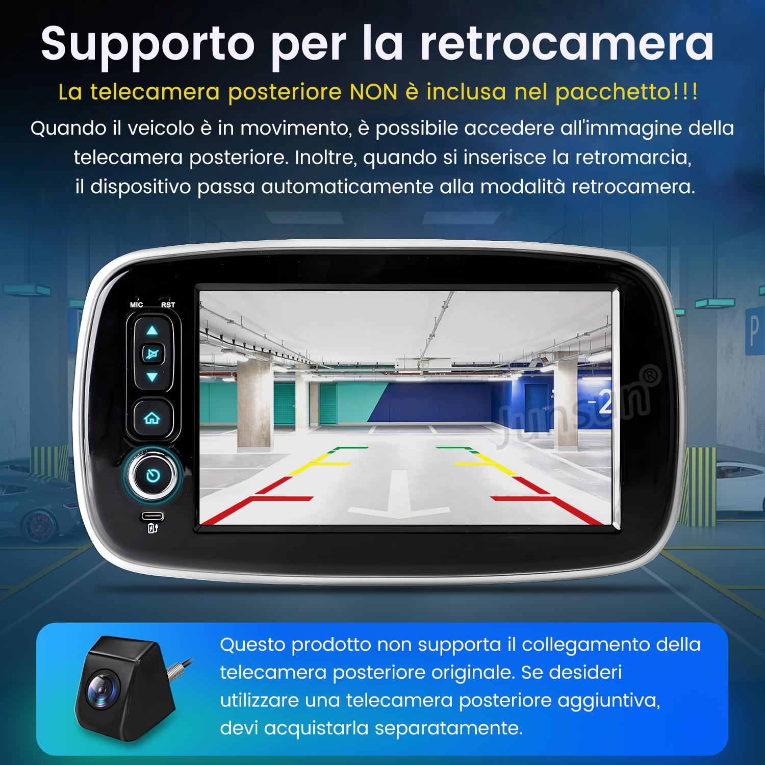 Un display che mostra la vista di un'auto da un garage. Sotto è mostrata una piccola telecamera.