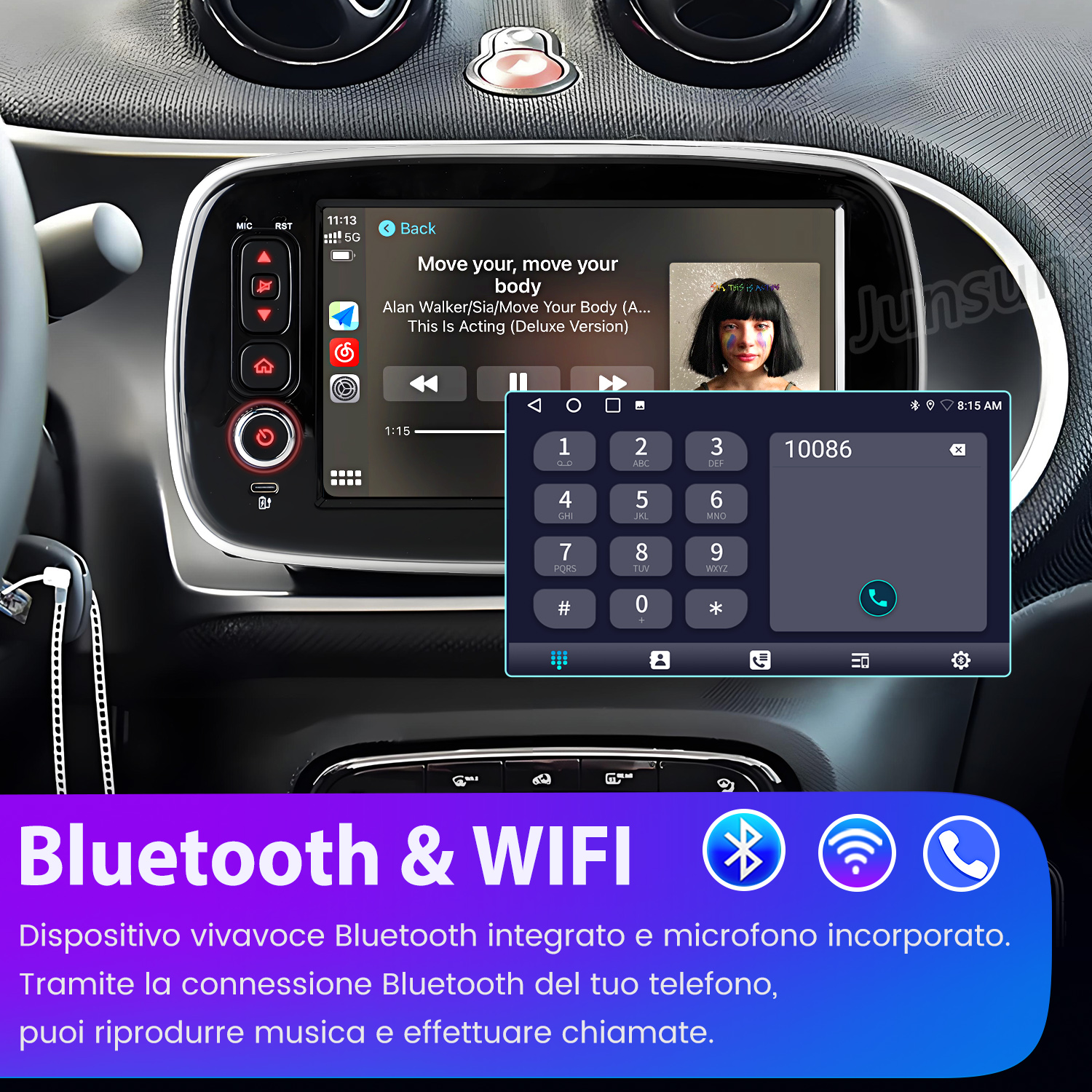 Sistema di infotainment per auto che mostra musica e un dialer telefonico. Lo schermo mostra una canzone in riproduzione e un tastierino numerico per la composizione.