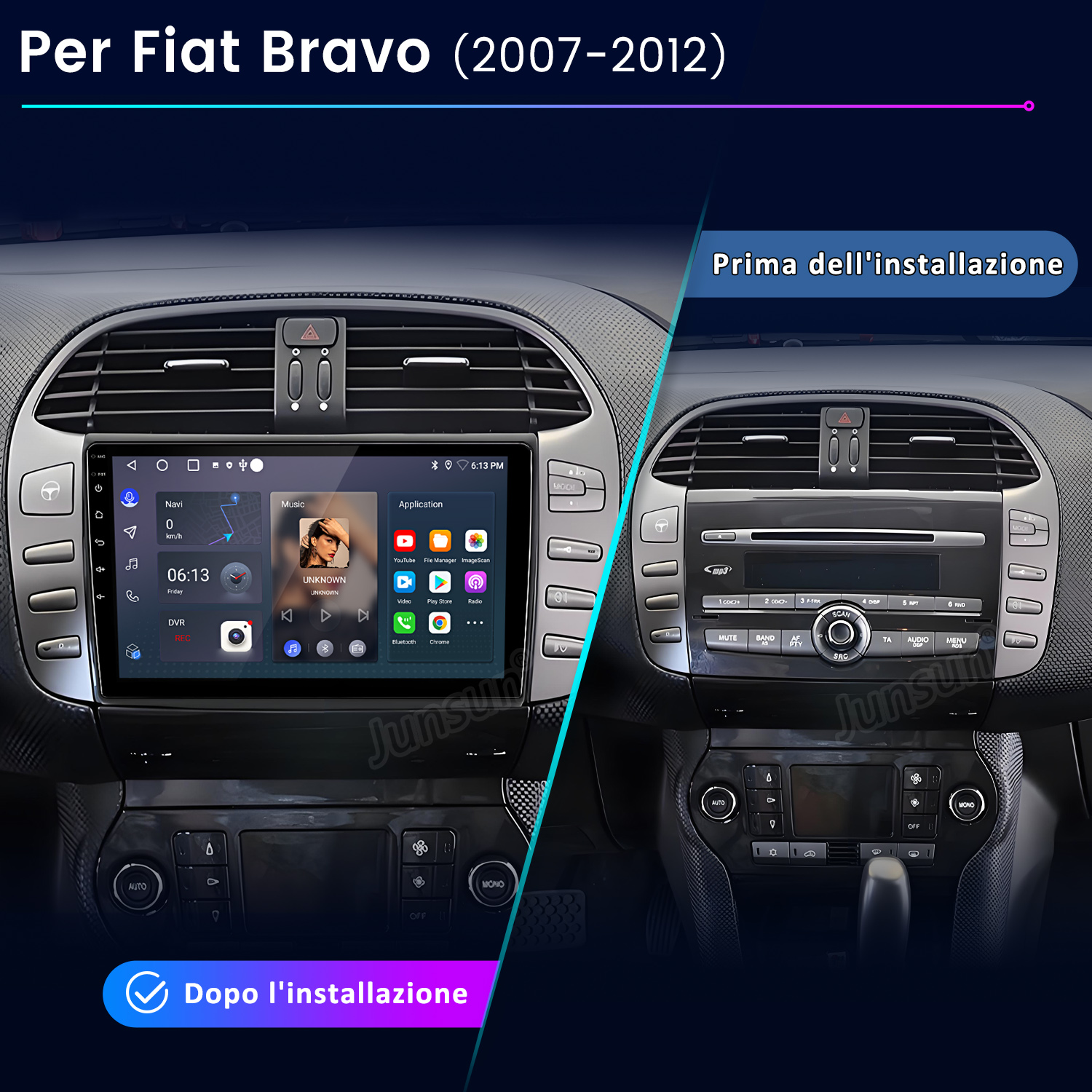 Cruscotto auto prima e dopo l'installazione. La versione installata ha uno schermo che mostra app e navigazione.
