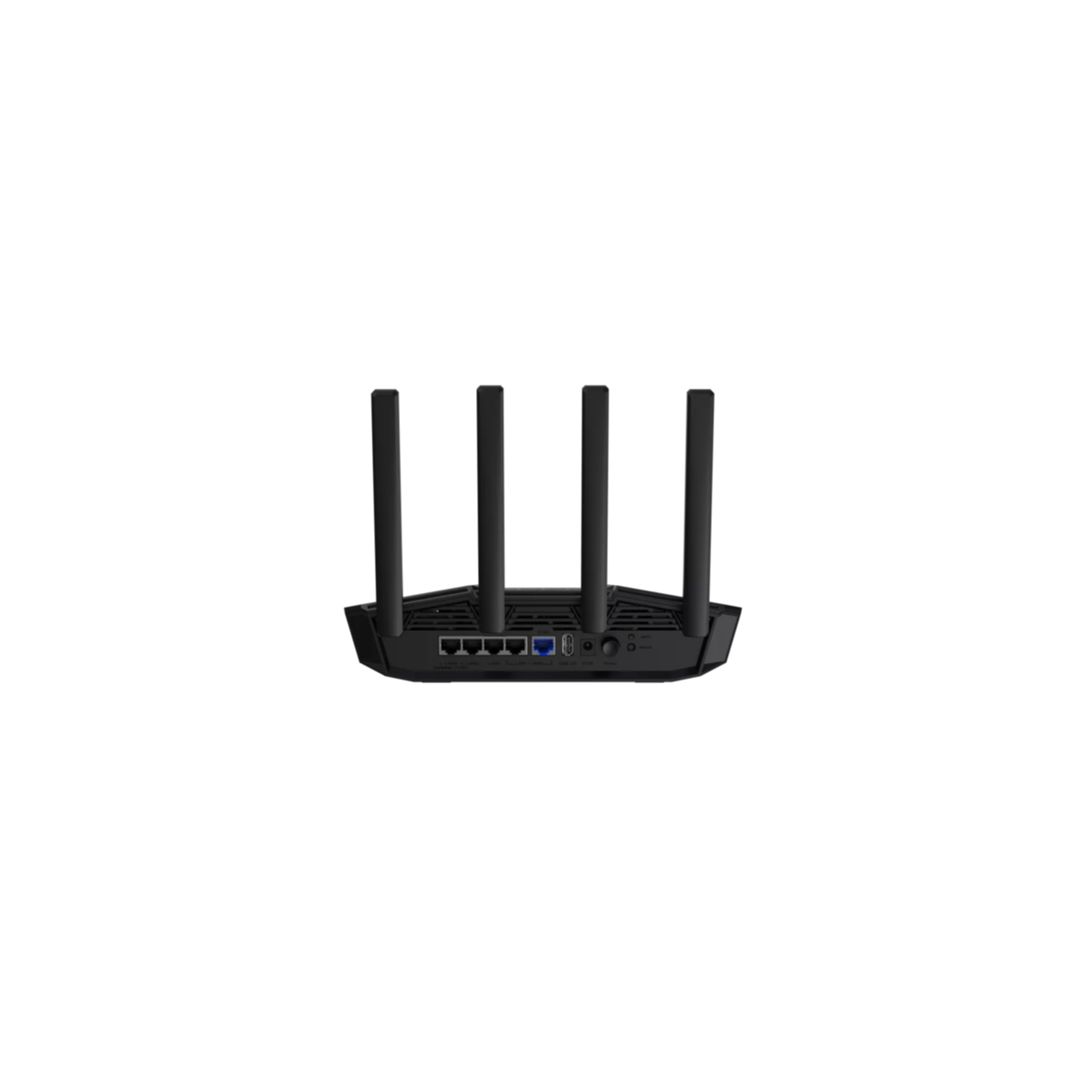 Schwarzer Router mit vier Antennen. Er hat mehrere Anschlüsse und Knöpfe auf der Vorderseite, vor weißem Hintergrund.