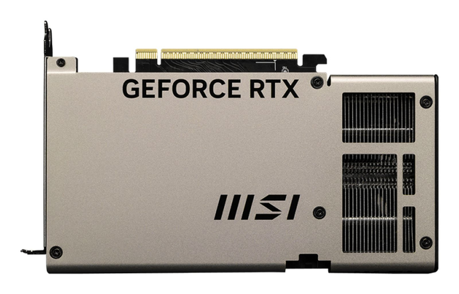 Gümüş ve siyah bir GeForce RTX grafik kartı. MSI logosu görünür. Kartın bir soğutma sistemi ve bağlantı noktaları var.