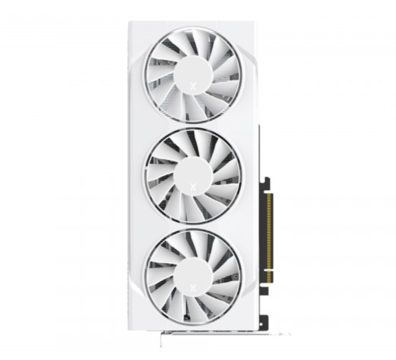 Biała karta graficzna z trzema dużymi wentylatorami. Wentylatory mają wiele łopatek. Karta ma czarny konektor.