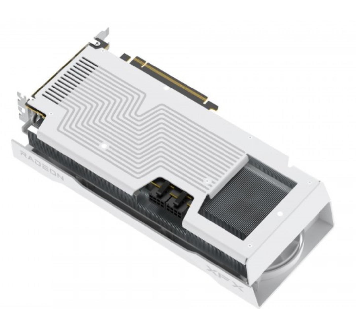 Biało-szara karta graficzna XFX Radeon. Posiada białą obudowę z marką Radeon i XFX. Widoczny szary radiator.