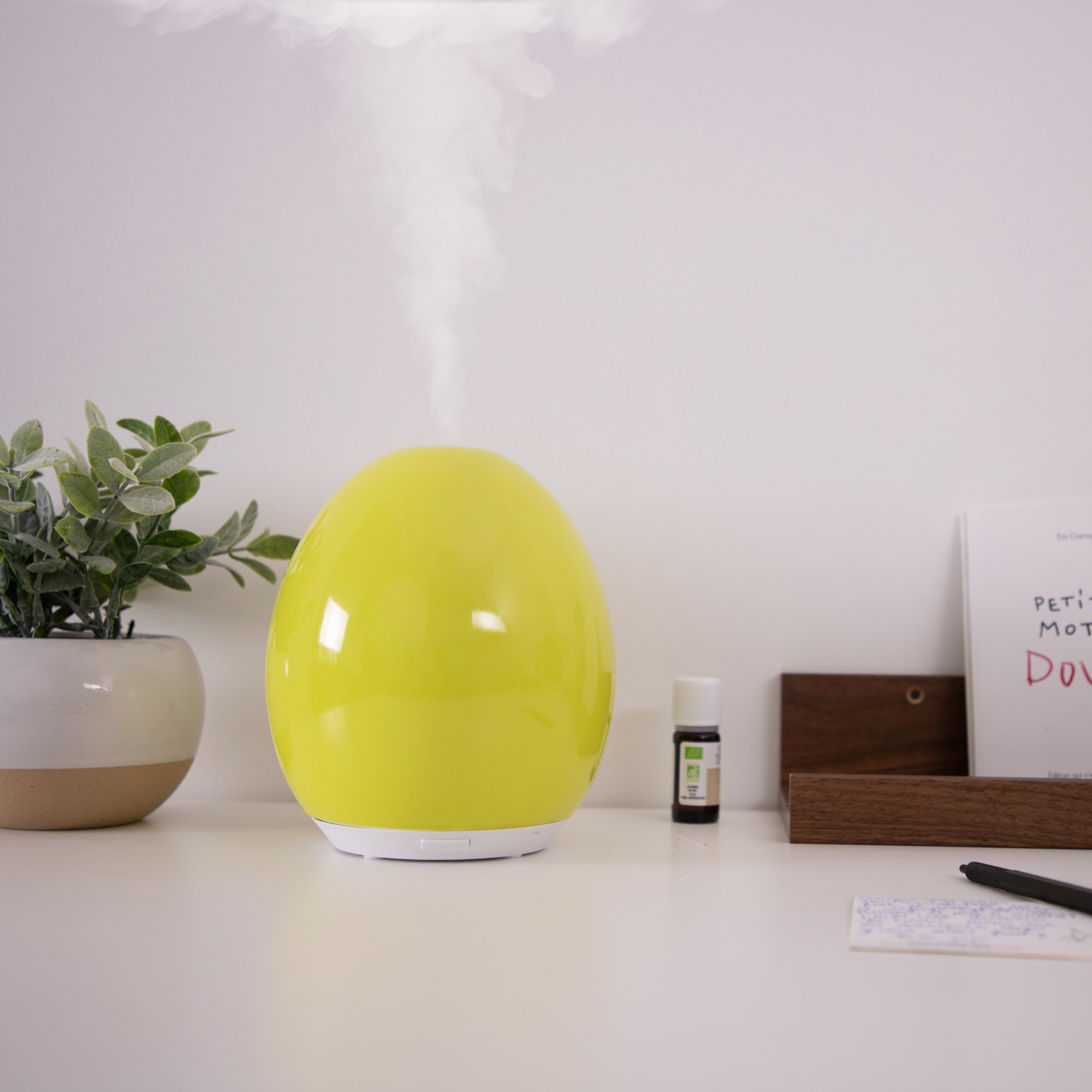 Un diffuseur vert en forme d'œuf émet de la vapeur. Une plante dans un pot blanc, de l'huile essentielle et un bloc-notes sont sur un bureau blanc.