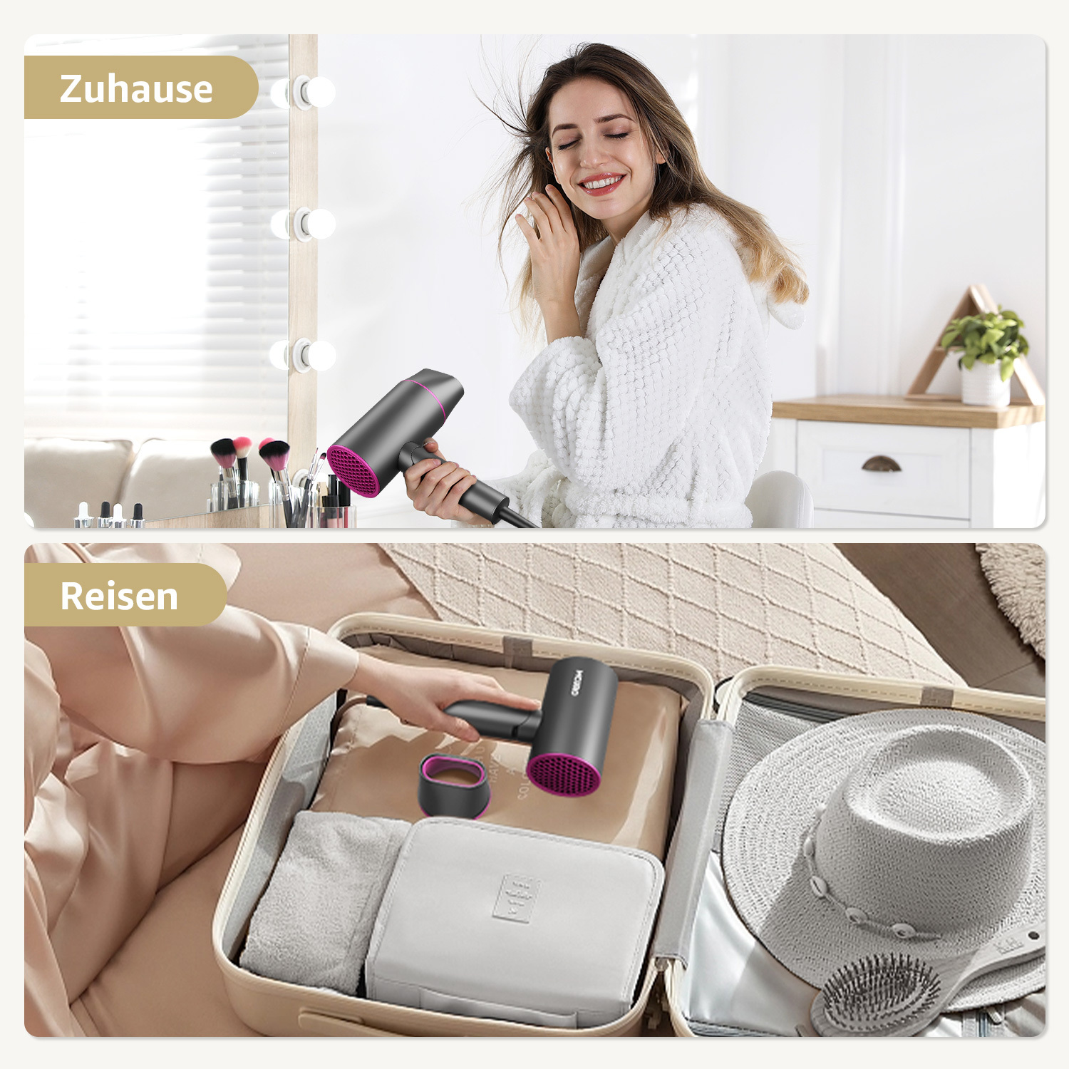 Eine Frau benutzt zu Hause einen Haartrockner. Das Bild zeigt auch einen Koffer, der für eine Reise gepackt ist, mit einem Haartrockner, einem Hut und anderen Gegenständen.