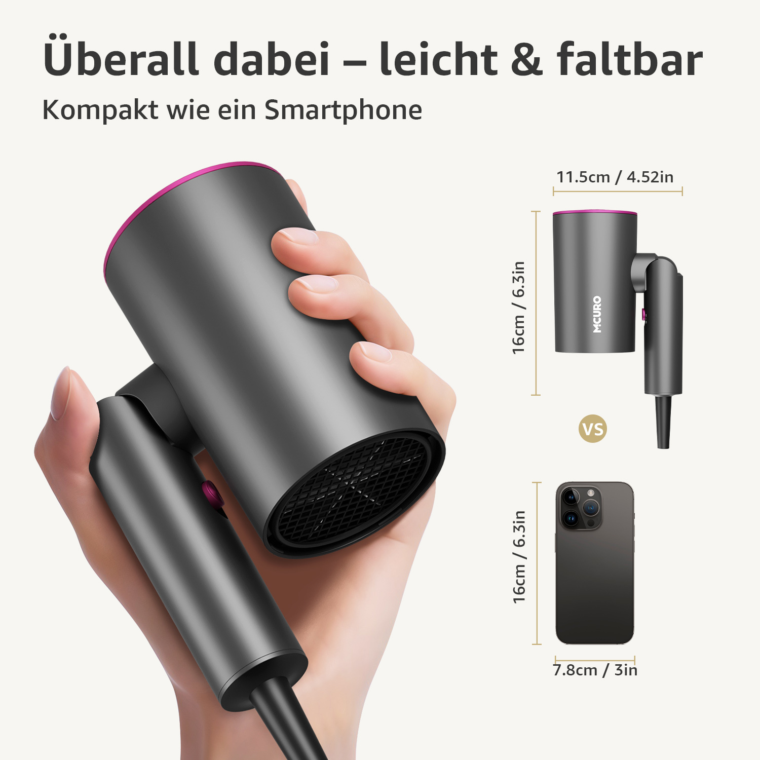 Eine Hand hält einen faltbaren Haartrockner. Daneben wird ein ähnlicher Trockner mit Abmessungen angezeigt. Ein Smartphone wird zum Größenvergleich gezeigt.