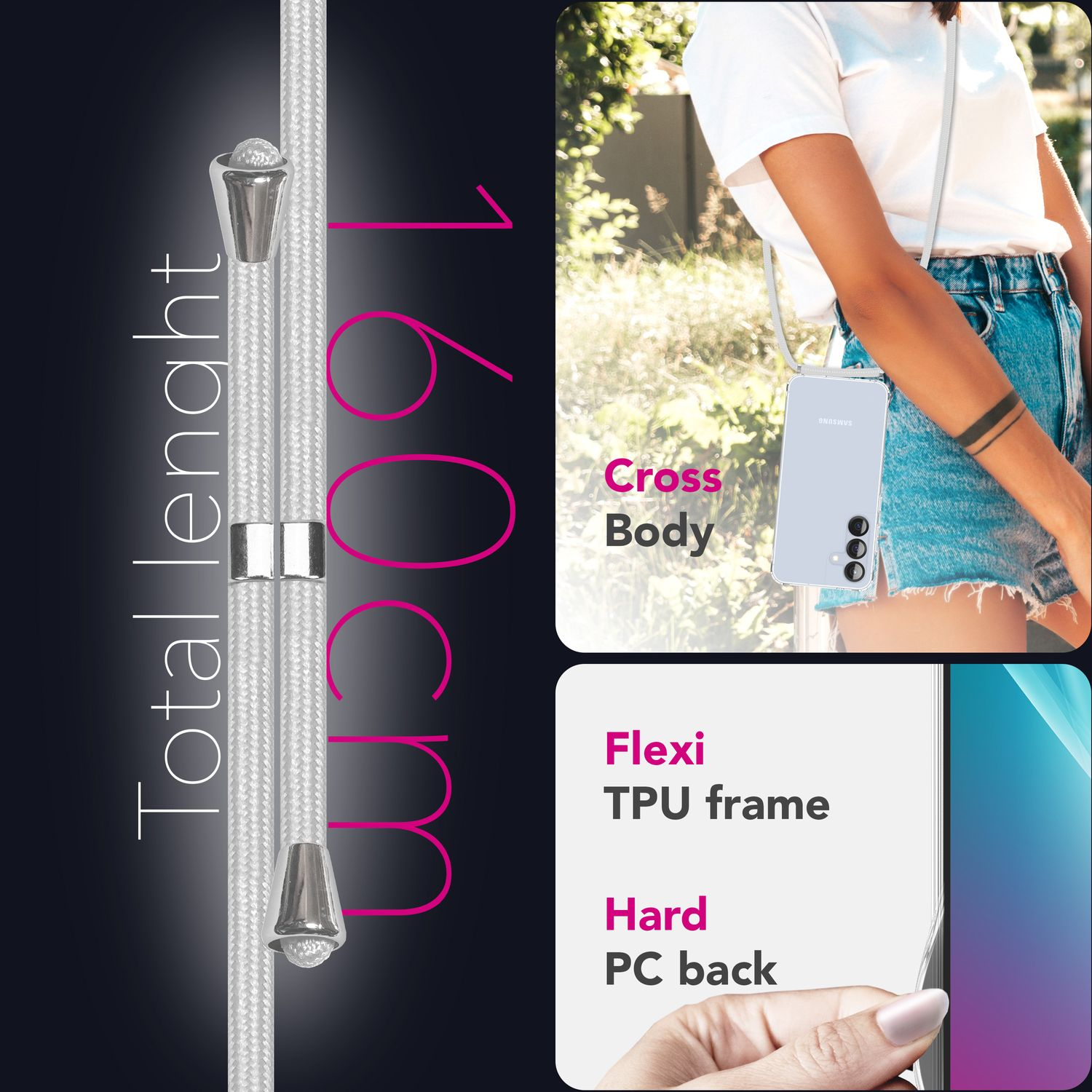 Das Bild zeigt eine weiße Kordel mit silbernen Akzenten, eine Frau mit Handyhülle und Text: Gesamtlänge 160 cm, Cross Body, Flexi TPU-Rahmen, Hard PC-Rückseite.