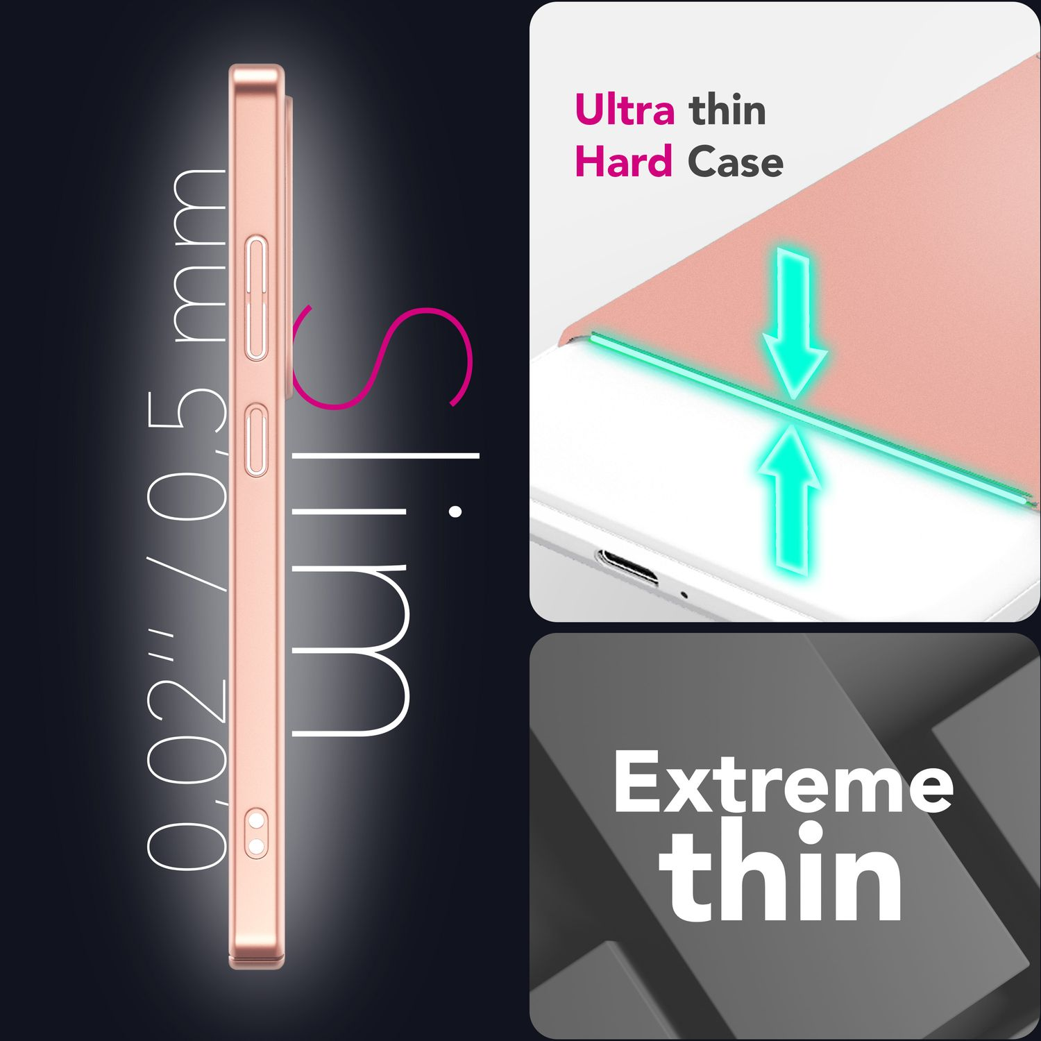 Das Bild zeigt eine dünne Handyhülle mit Text, der sie als ultradünn beschreibt. Details umfassen Abmessungen und die Wörter 'Slim' und 'Extrem dünn'.