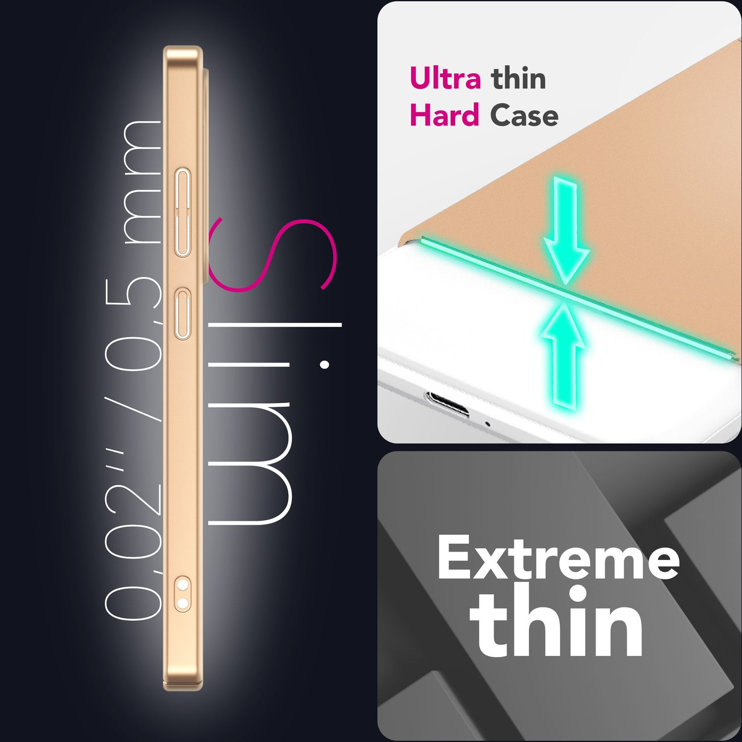 Gezeigt wird eine goldene Handyhülle, die ihre Schlankheit hervorhebt. Text: Ultra dünne Hartschale, Extrem dünn und 0,02 Zoll / 0,5 mm.