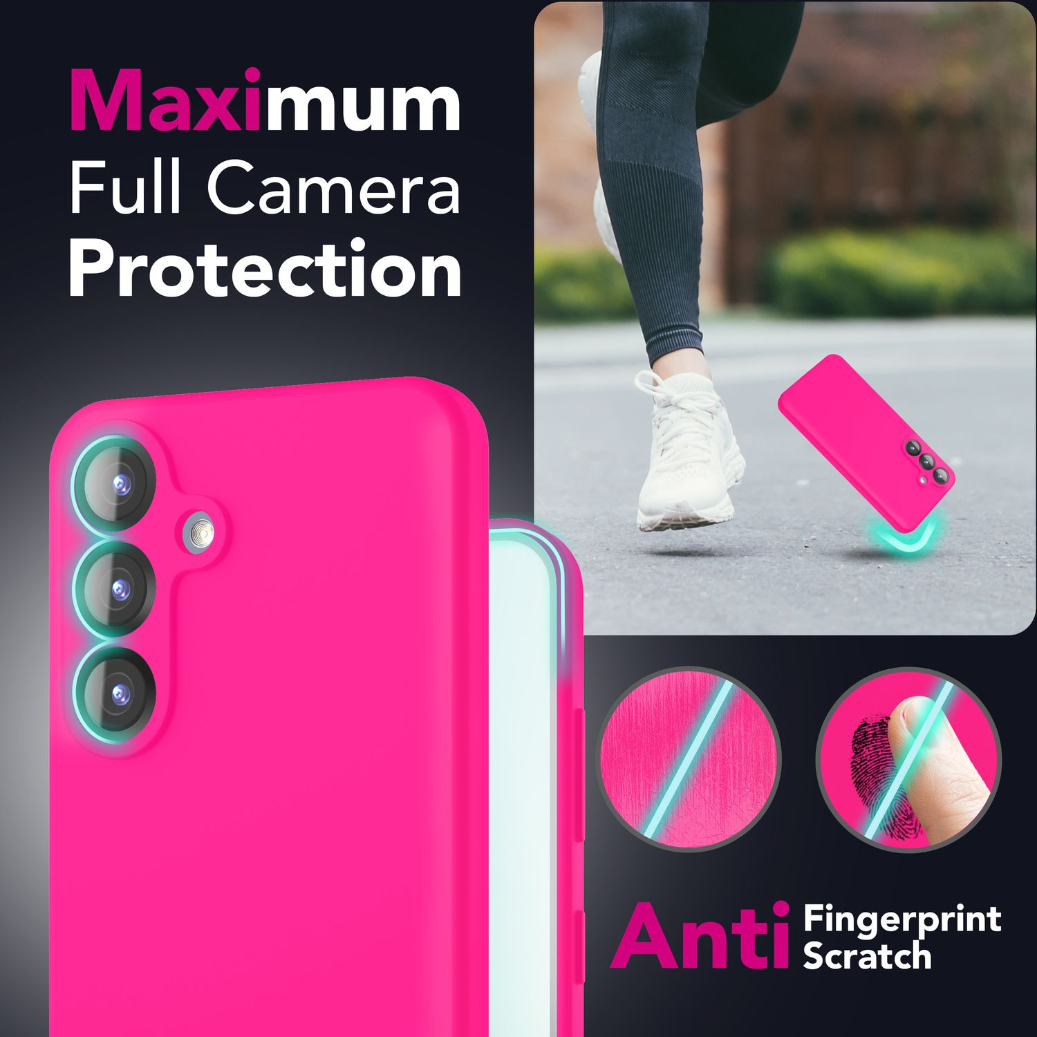 Pinke Handyhülle mit Kameraschutz. Im Hintergrund läuft eine Person. Anti-Fingerabdruck- und Kratzschutz.